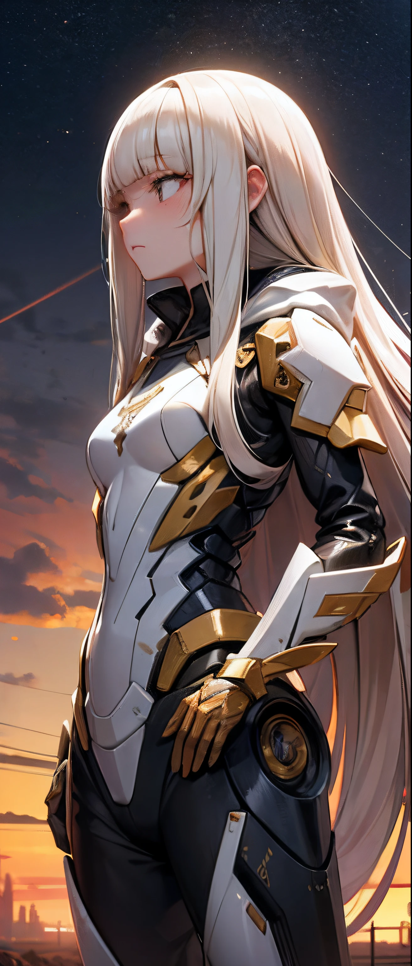 best quality,masterpiece,girl with a powered exoskeleton,extremely long hair,spreading hair,ivory hair,wet,1 girl,hair strand,Fair skin,blunt bangs,hoodie,looking away,ruined city,sand dancing,desert,(evening),sunset,(whole body),