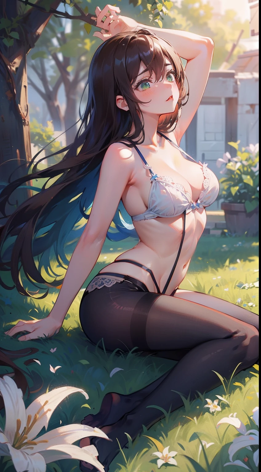 (Masterpiece), (Best quality), 超高分辨率, Sharp focus, Warm pastel tones, ((1 woman, Solo)), full bodyesbian, Back-profile shooting, Beautiful detailed hair, Chestnut brown hair, Long hair falling down, Beautiful detailed face, Green eyes, Comfortable face, perfect feminine face, Look away, (See beautiful nights:1.2), On the meadow of lilies, Sit on the ground
Lace lace panties,suspender stockings,cleavage,brassier,navel,Sexual suggestiveness,Loves,,lacepantyhose,Thin leg,Noodle figure,perspire,Panties reveal side areola,Excretion of breast milk,grouchy,Sit flat,Stretch your feet,Close-up of the foot,sperm,Spring,The shape of the female genital organs is clearly visible,climaxing,Desire for dissatisfaction