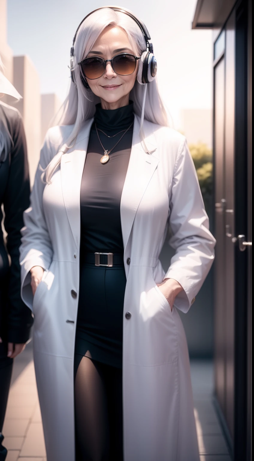 masutepiece、超A high resolution、8K、landscape of a future city、Cybernetic doctor、55-year-old female、（Wearing sunglasses）（Wearing headphones）Wearing a white coat、Slim old woman、silber hair、a serene smile、long whitr hair、Tall woman、