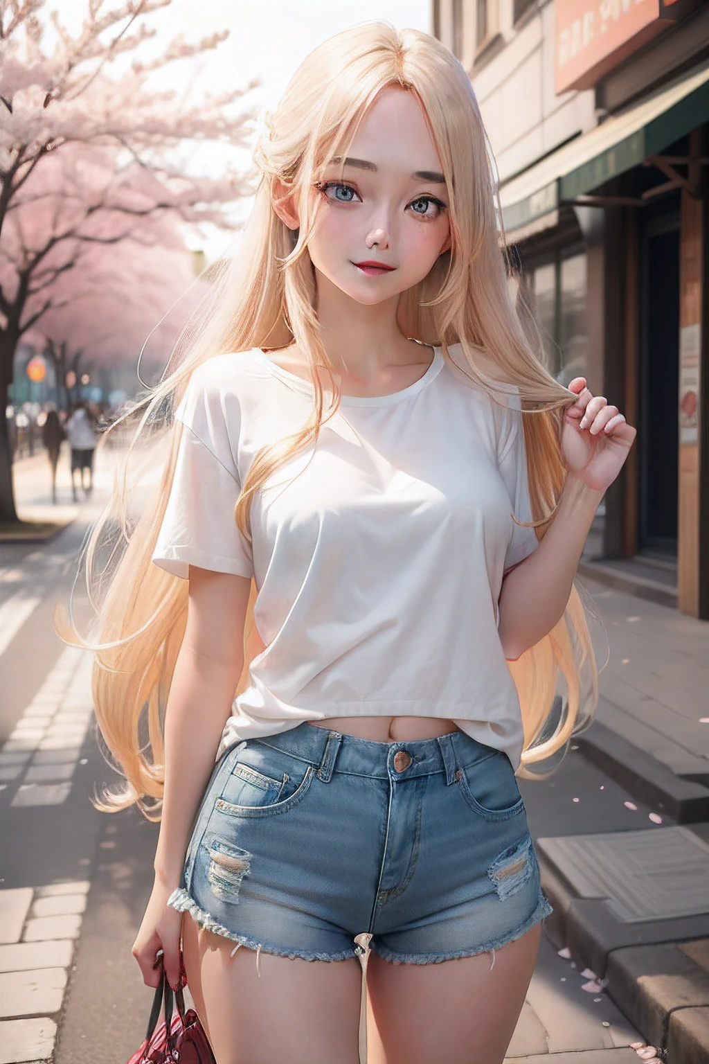 1girl, long golden hair, blue eyes, wearing plain transparent white shirt, denim shorts, city, streets, absurdres, high res, ultrasharp, 8K, masterpiece, looking at Cherry blossom, smile, shy