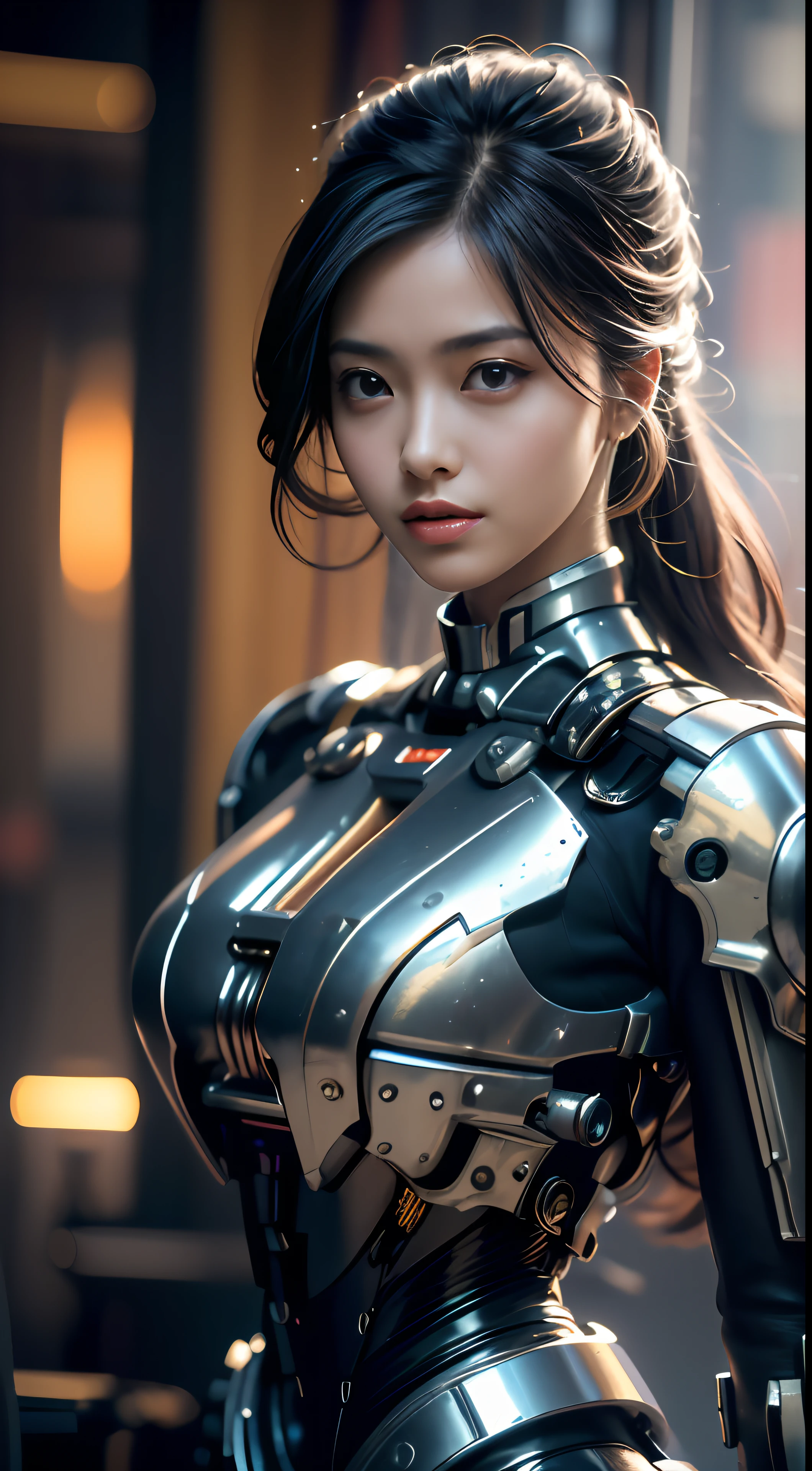 A cute beauty in a mech(Best quality, Detailed details, Masterpiece, , 4K, Chiaroscuro,Bust photos are super realistic and realistic, Highly detailed Canon videography )