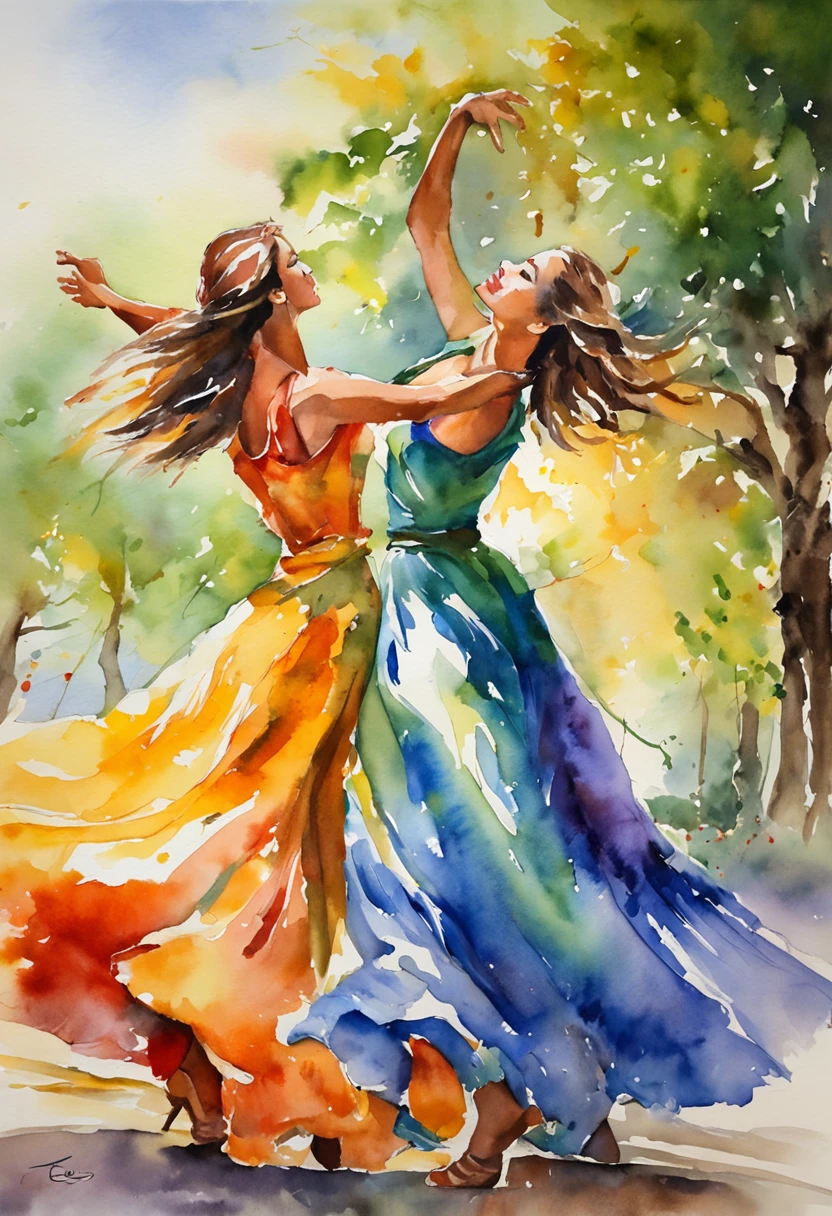 dancing people | estilo de pintura impressionista | cores vibrantes | movimento fluido e elegante | outdoors scenery | sunlight filtered among the trees | vestimentas coloridas | cheerful expressions of the dancers
