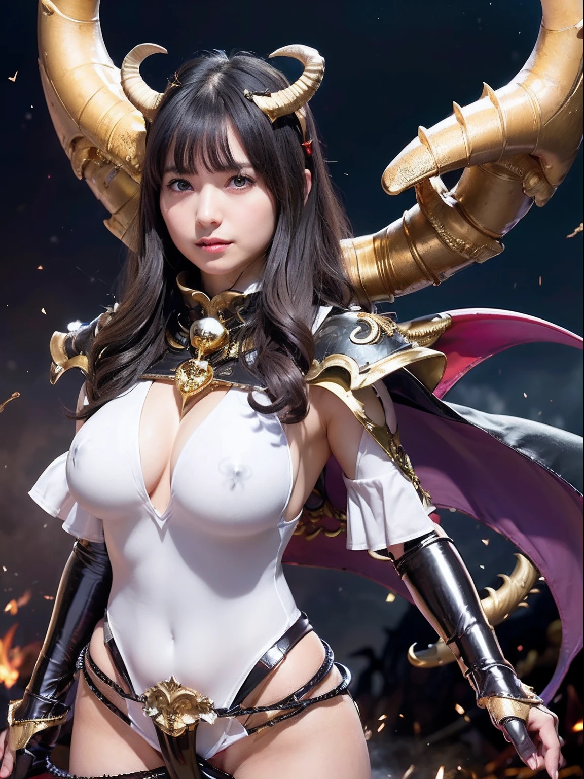Professional , masterpiece、top-quality、photos realistic , depth of fields 、(A dark-haired) 、(Gemstone White Metal Body:1.4),(Matte White、Jewel Gold Weapon、(maikurobikini),Gorgeous metal weapons ,Particles of light、(Fight dragons)、(Black wings)、(( Detailed and gorgeous sword of the brave)) ,Light Effects、intense fighting、Wind-effect、magic circles、 (A dark-haired) ,Fight legions of soldiers in skeleton armor 、With the legendary magic wand、Dragon's tail、explosions、((maikurobikini))、((Gangle's forest background))、Beautiful Caucasian beauty、1a person、dynamic ungle,(((Details of the two demon horns on the head)))、Smaller head、A smile、Background inside the castle、Thin and beautiful female hands、cleavage of the breast、Mystical expression、Light Effects、Wind-effect、(wingspan)、Toostock、Anatomically correct body、Battle Pose、