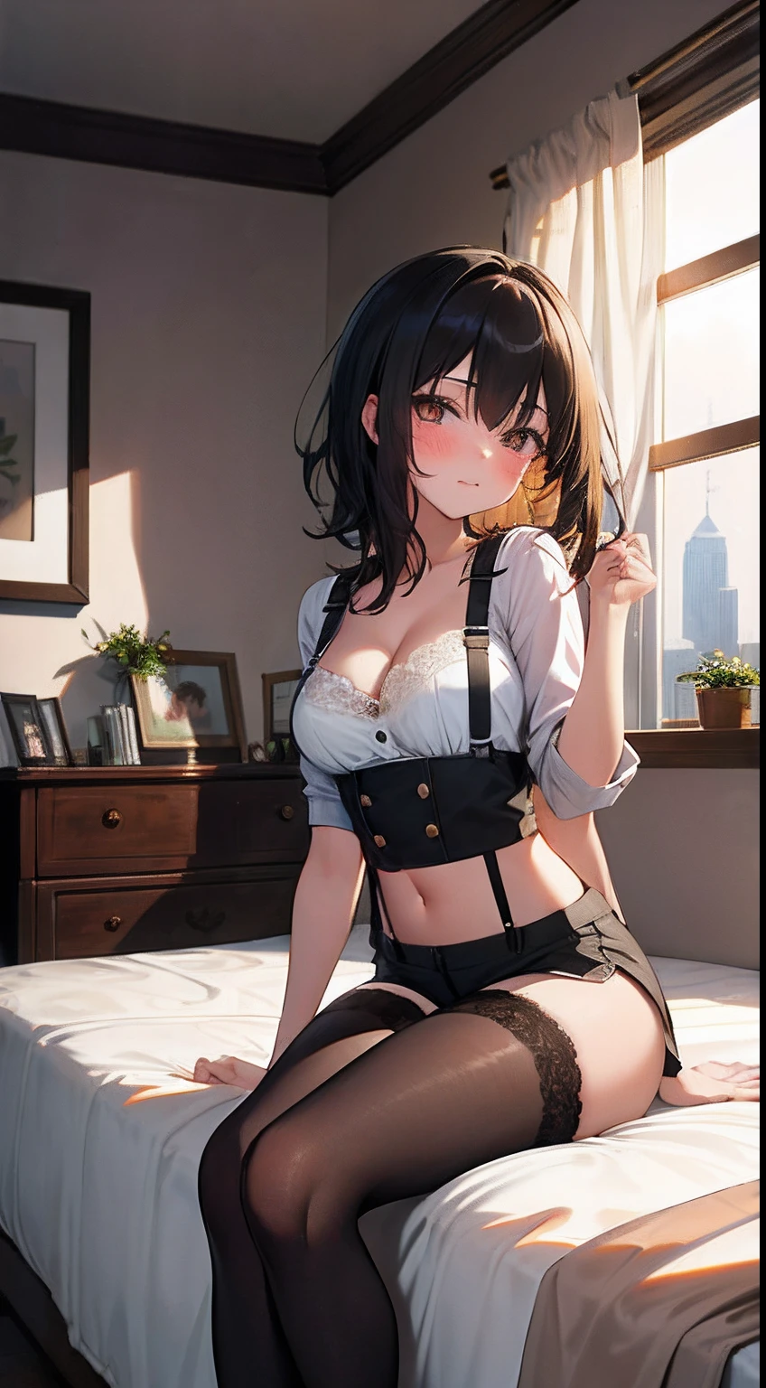 (Ultra detailed,超高分辨率,Detailed background),hdr,Chiaroscuro,angle of view,(Bedroom),Morning,(Sunlight),window,closed curtains,Cloudy sky,Cityscape,floor,BREAK 
1girl,black eye,Medium hair,Black hair,(messy sleeper),plate shorts,(sitting on bed),(waking up),full bodyesbian,Blush,Break free of lace panties，suspender stockings，cleavage，brassier，navel，Sexual suggestiveness，Loves，，lacepantyhose，Thin leg，Noodle figure，perspire，pantiess