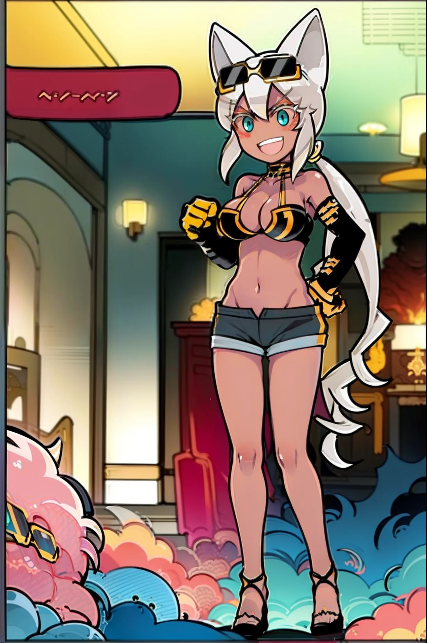 (masterpiece:1.3), (best quality:1.2), (ultra-detailed:1.0),1girl, full body,Backlighting, short shorts,bikini top only,bikini,dark-skinned female,dark skin, animal ears,white hair,blue eyes,sunglasses,cat ears,eyewear on head,long hair,cleavage,gloves,tail,elbow gloves,smile, standing