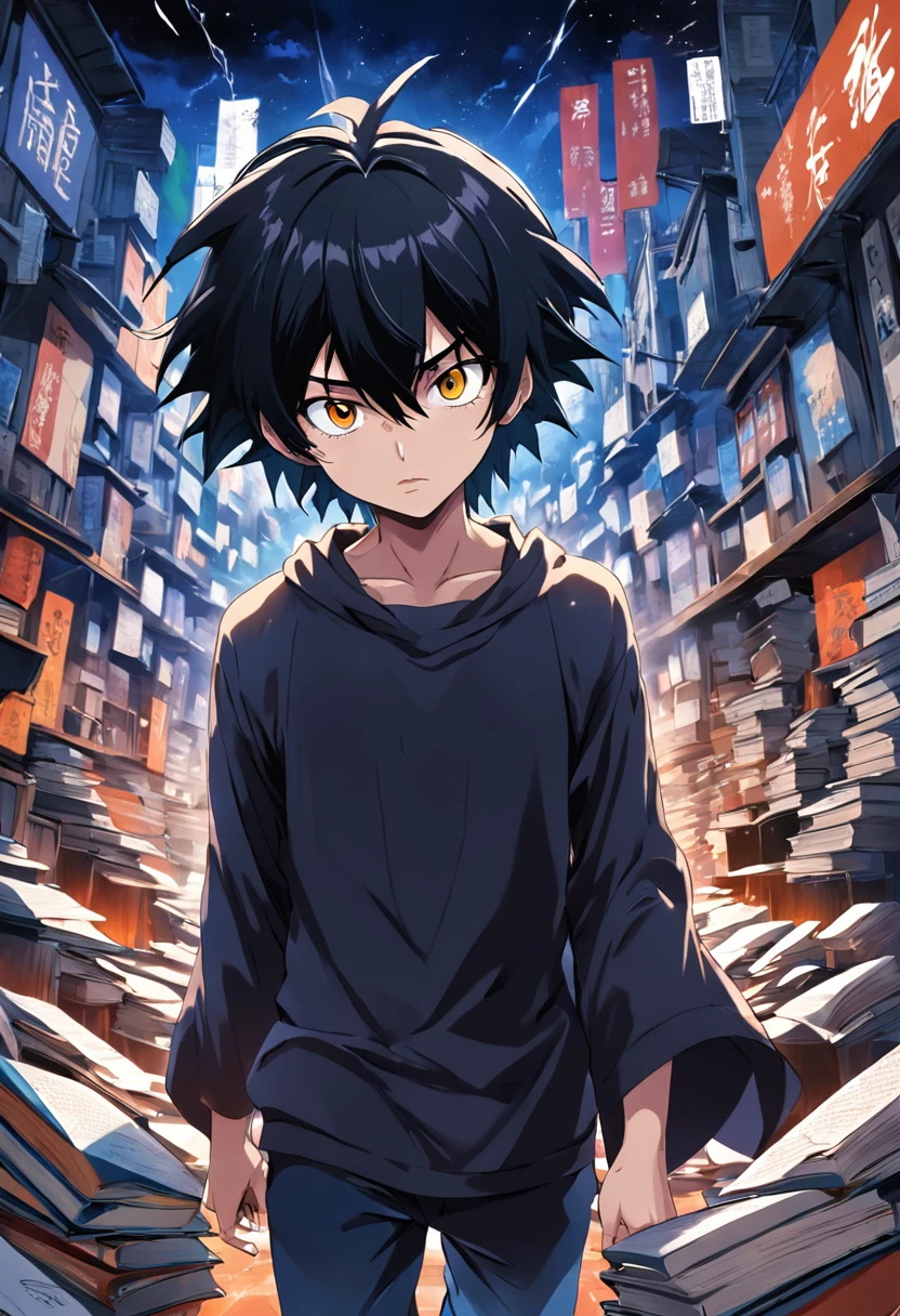 (melhor qualidade, obra-prima) L Lawliet do anime Death noter, in a unique and captivating style, fundo escuro, intense expression, olhos penetrantes, cabelo preto desarrumado, roupas escuras e elegantes, silhueta misteriosa, postura confiante em um quarto com livros e um computador.