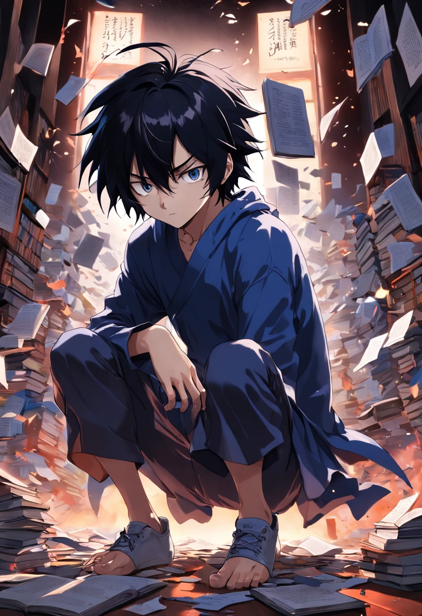 (melhor qualidade, obra-prima) L Lawliet do anime Death noter, in a unique and captivating style, fundo escuro, intense expression, olhos penetrantes, cabelo preto desarrumado, roupas escuras e elegantes, silhueta misteriosa, postura confiante em um quarto com livros e um computador.