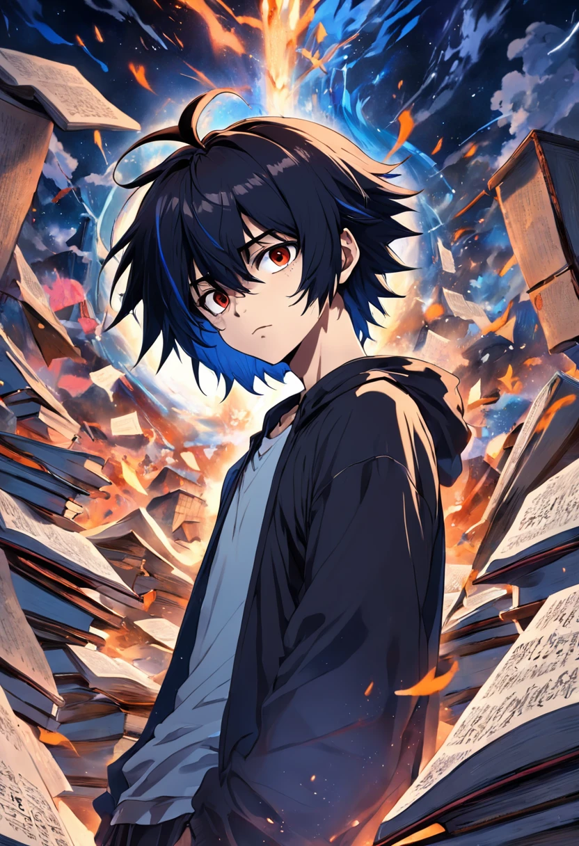 (melhor qualidade, obra-prima) L Lawliet do anime Death noter, in a unique and captivating style, fundo escuro, intense expression, olhos penetrantes, cabelo preto desarrumado, roupas escuras e elegantes, silhueta misteriosa, postura confiante em um quarto com livros e um computador.