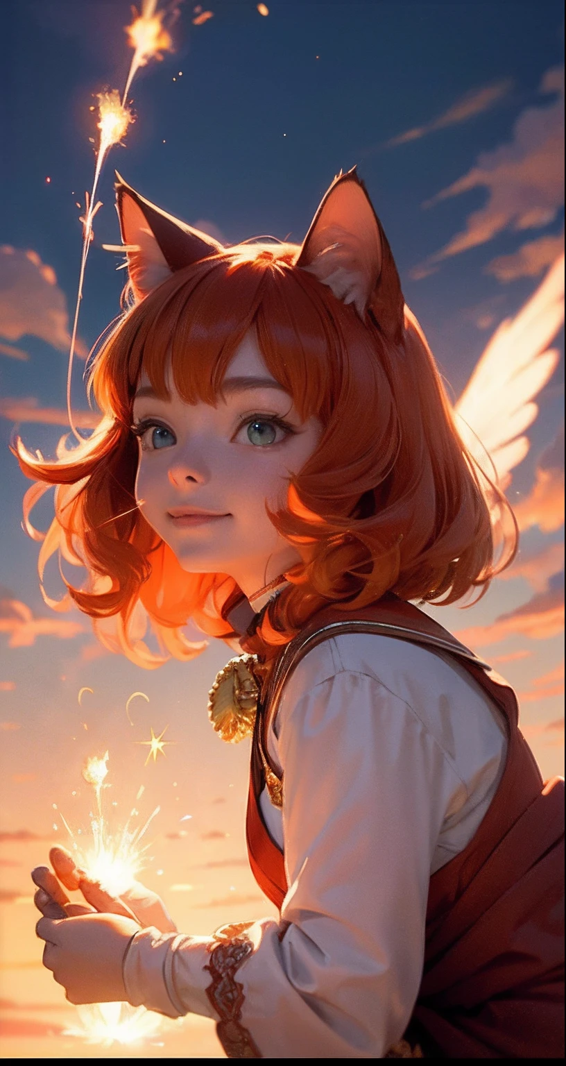 tmasterpiece, beste-Qualit, filmstill, 1 cat, Full-length cat lady,Cat-goddess of fire Cat from the clouds, soaring in the sky, a closeup of a, The vibrant, a happy, warm soft lighting, Sundown, (sparks: 0,7) The Goddess of Water