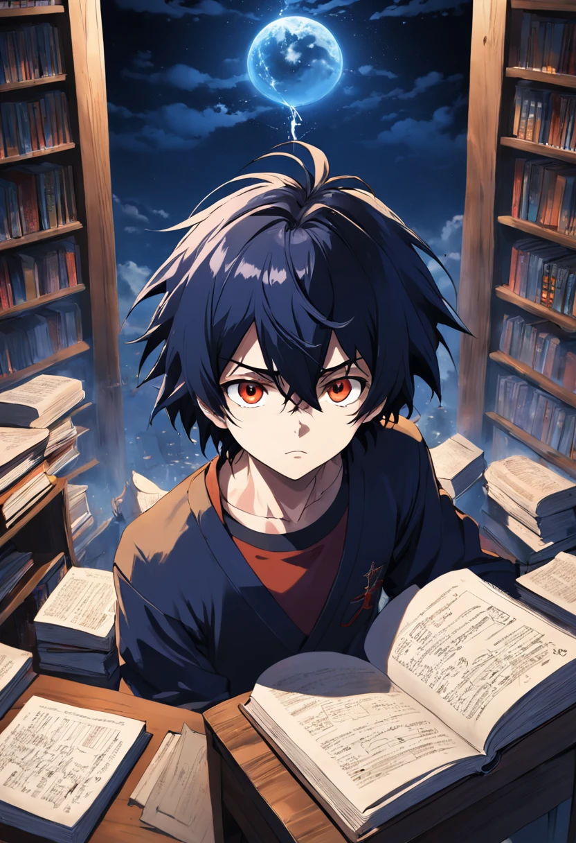 (melhor qualidade, obra-prima) L Lawliet do anime Death noter, in a unique and captivating style, fundo escuro, intense expression, olhos penetrantes, cabelo preto desarrumado, roupas escuras e elegantes, silhueta misteriosa, postura confiante em um quarto com livros e um computador.