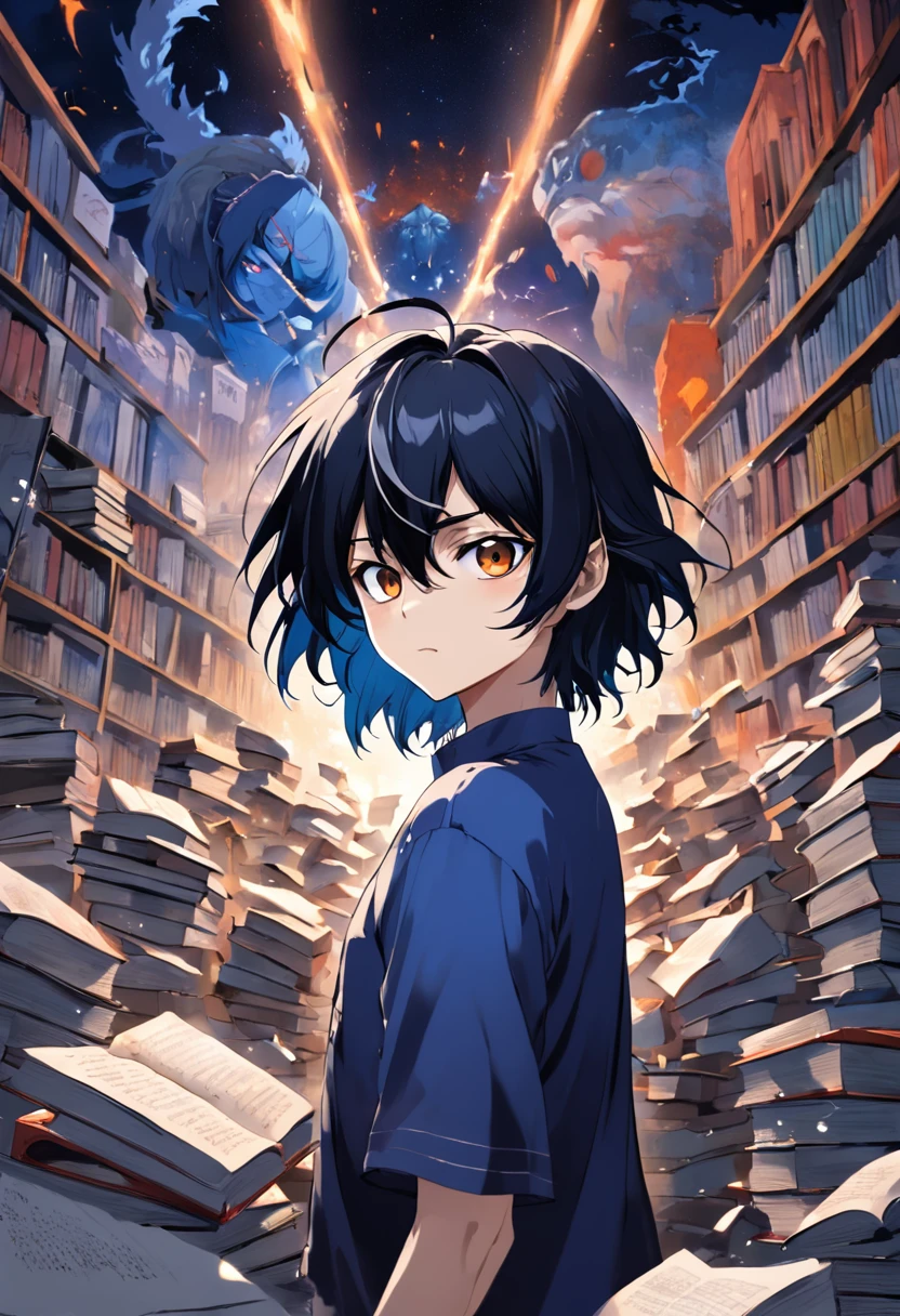(melhor qualidade, obra-prima) L Lawliet do anime Death noter, in a unique and captivating style, fundo escuro, intense expression, olhos penetrantes, cabelo preto desarrumado, roupas escuras e elegantes, silhueta misteriosa, postura confiante em um quarto com livros e um computador.