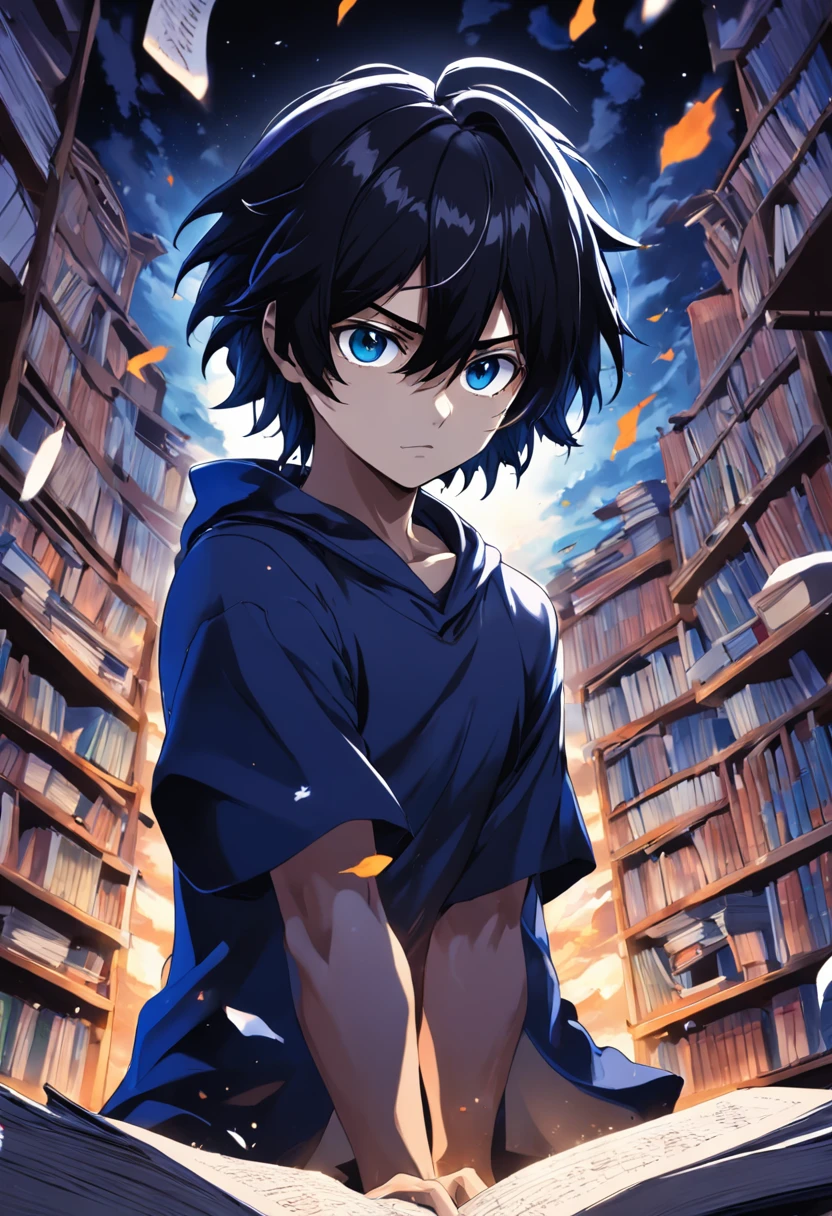 (melhor qualidade, obra-prima) L Lawliet do anime Death noter, in a unique and captivating style, fundo escuro, intense expression, olhos penetrantes, cabelo preto desarrumado, roupas escuras e elegantes, silhueta misteriosa, postura confiante em um quarto com livros e um computador.