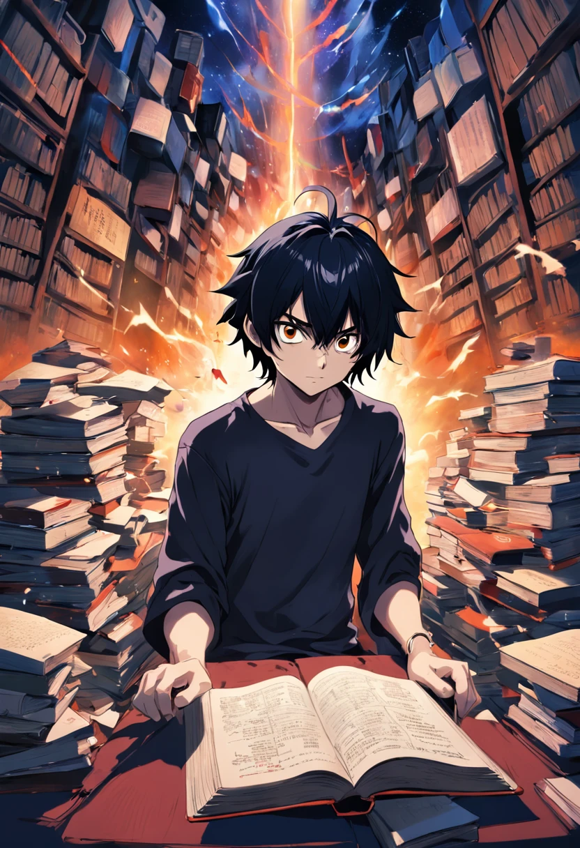 (melhor qualidade, obra-prima) L Lawliet do anime Death noter, in a unique and captivating style, fundo escuro, intense expression, olhos penetrantes, cabelo preto desarrumado, roupas escuras e elegantes, silhueta misteriosa, postura confiante em um quarto com livros e um computador.