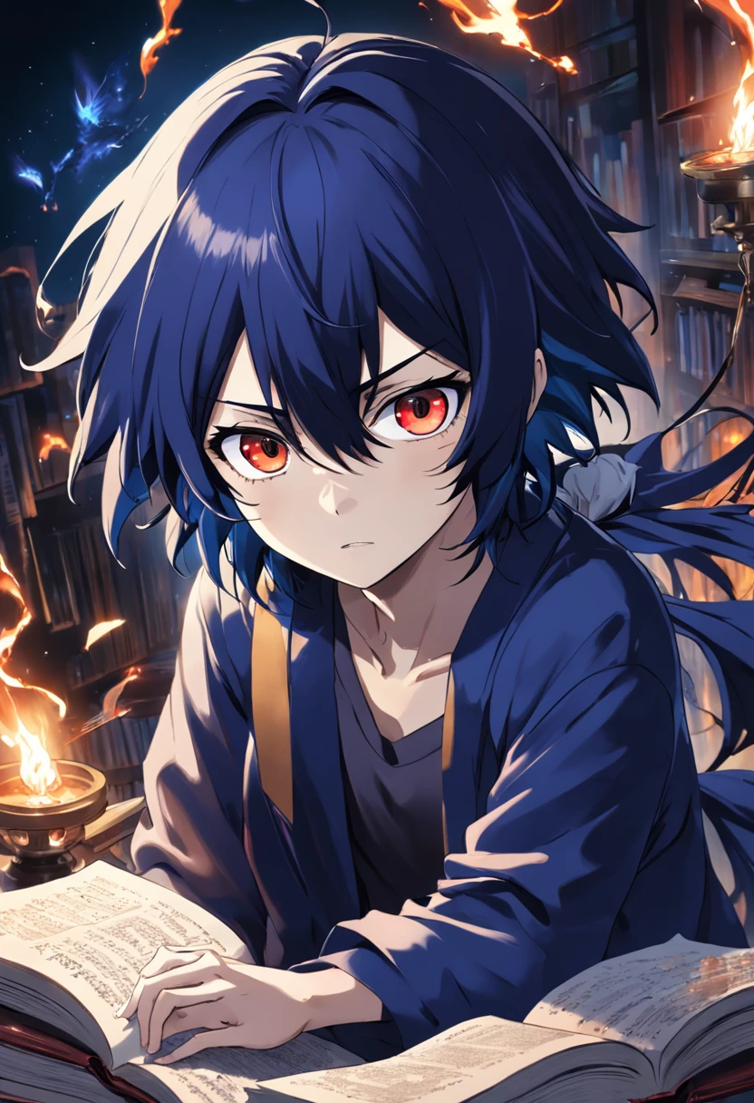 (melhor qualidade, obra-prima) L Lawliet do anime Death noter, in a unique and captivating style, fundo escuro, intense expression, olhos penetrantes, cabelo preto desarrumado, roupas escuras e elegantes, silhueta misteriosa, postura confiante em um quarto com livros e um computador.