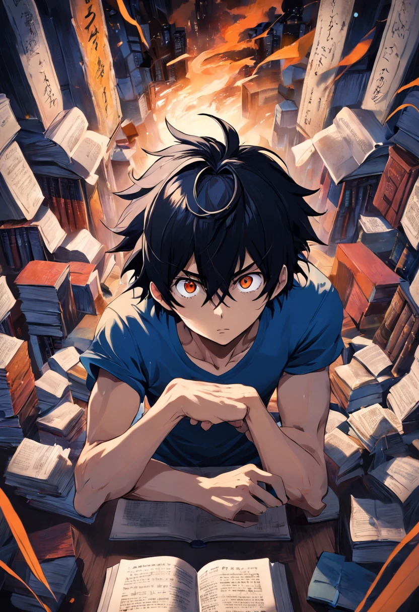 (melhor qualidade, obra-prima) L Lawliet do anime Death noter, in a unique and captivating style, fundo escuro, intense expression, olhos penetrantes, cabelo preto desarrumado, roupas escuras e elegantes, silhueta misteriosa, postura confiante em um quarto com livros e um computador.