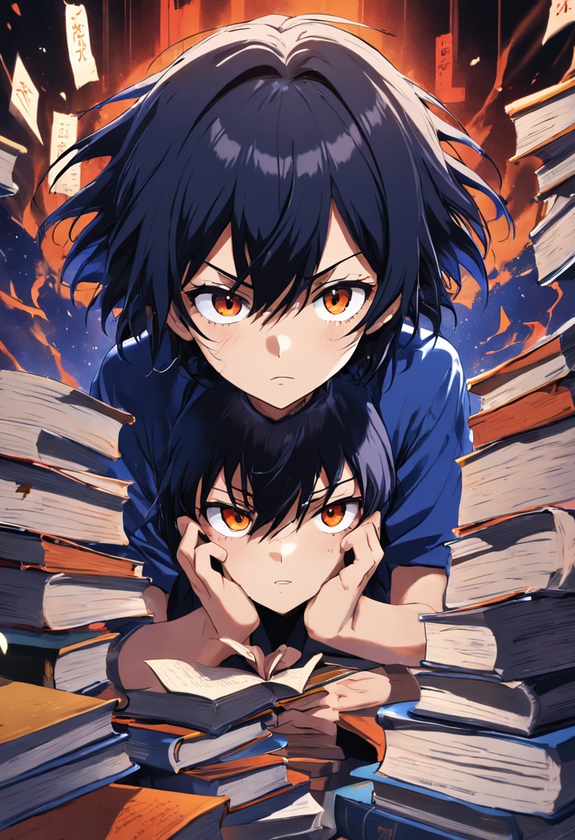 (melhor qualidade, obra-prima) L Lawliet do anime Death noter, in a unique and captivating style, fundo escuro, intense expression, olhos penetrantes, cabelo preto desarrumado, roupas escuras e elegantes, silhueta misteriosa, postura confiante em um quarto com livros e um computador.