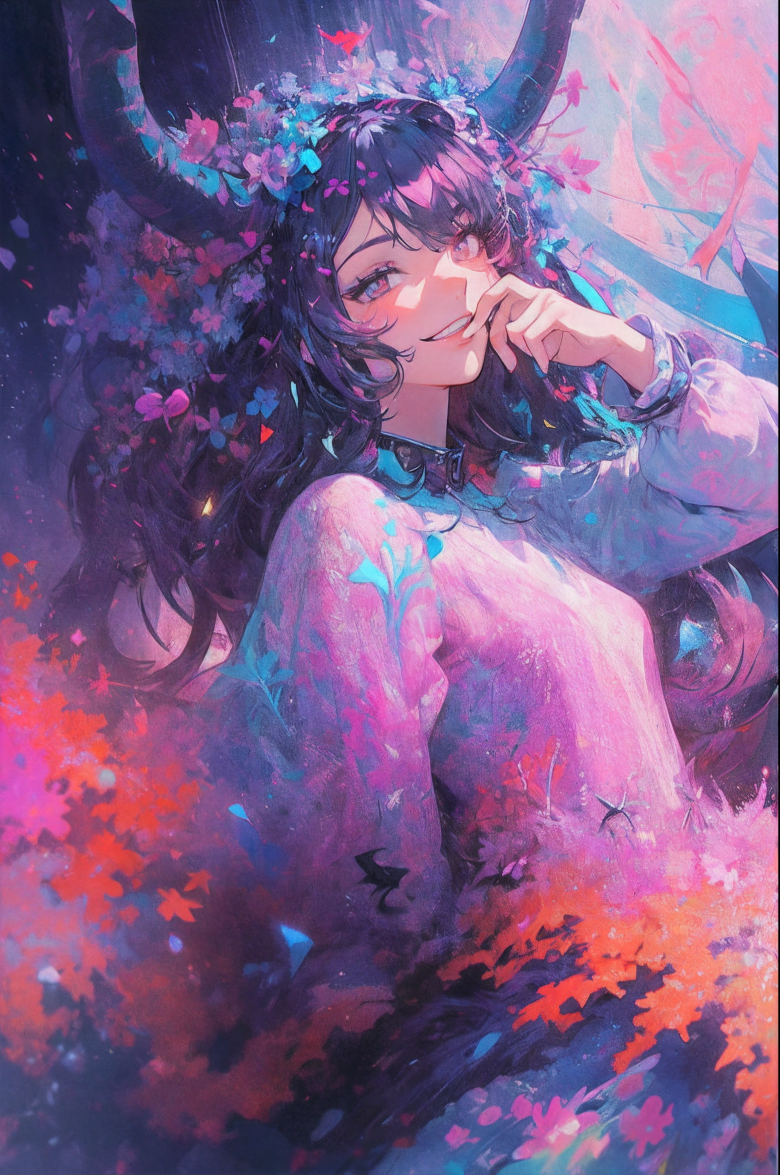 ((Flower dress),((Demon Horns)),Ghost people,innocent smiles,(1 girl, Solo:1.6),(Cute smile),(Clothes are simple), (Best Impact:1.5), (maximalism:1.7), Vivid contrast, (Realistic), hyperrealistic illustrations, hight resolution, ultra-detailliert, absurderes,(Fractal Art:1.3)、Random hairstyle、Random hair color colorful、FULL BODYSHOT、Retro、Precise focus、randome pose、cinema4d、Drama