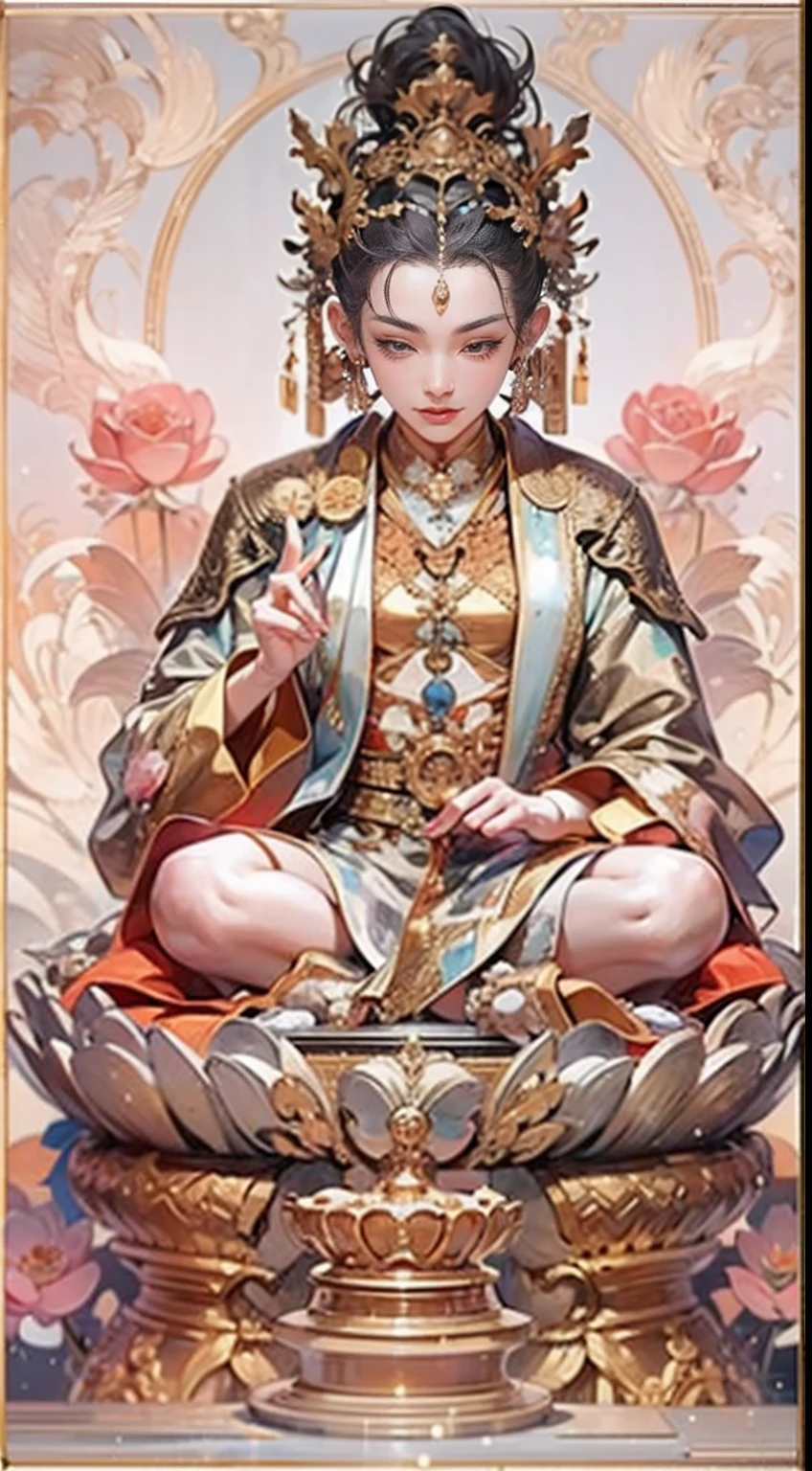(Chinese immortals), (Buddhism), Multip_Hands,(mythological stories), (bodhisattva), She sits on a lotus, (Three hands on the left,Three hands on the right, Each hand holds a different Buddhist vessel, left right symmetry),(Delicate and beautiful face), (White silk robe)sitting on a lotus flower, Frontal photo,Light smile, neo-classical, OP Art, Chiaroscuro, Cinematic lighting, god light, Ray tracing, character sheets, projected inset, first person perspective, hyper HD, Masterpiece, ccurate, Textured skin, Super detail, High details, High quality, Award-Awarded, Best quality, A high resolution, 8K