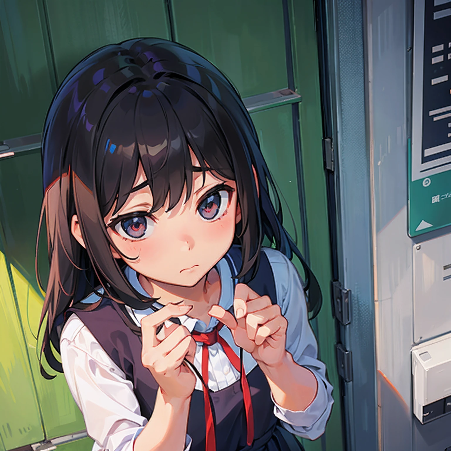 "a girl wearing a school dress, gazing at someone with a shy expression."