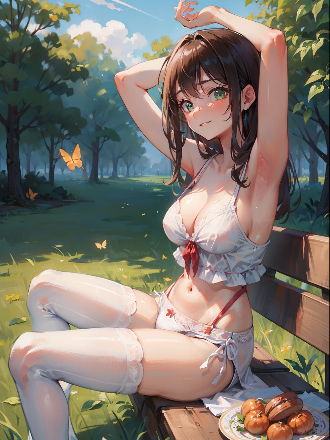 Masterpiece), Best quality, beautiful detailed hair detailed face, 超高分辨率, Sharp focus, ((1 woman, Solo)), perfect feminine face, , Medium close-up, (at Midday:1.5), (From the side Side), on the garden, ((sitting on a bench)), leafs, Butterflies, view the viewer, (Beautiful eye shape of the day, Green eyes)), chesnut brown hair, Messy long hair, A smile reveals the side areola,Excretion of breast milk,grouchy,Sit flat,Stretch your feet,Close-up of the foot,sperm,Spring,The shape of the female genital organs is clearly visible,climaxing,Lace panties with dissatisfied desire,Suspender stockings,cleavage,brassier,navel,Sexual suggestiveness,Loves,,lacepantyhose,Thin leg,Noodle figure,perspire,pantiess
