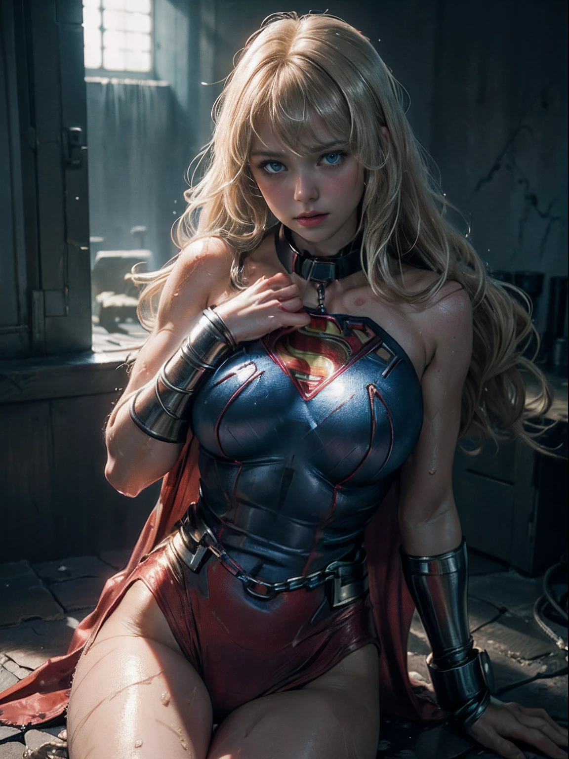 1 Supergirl, big, tears, blush, agony, (((wet skin)), bright red Hitomi, indoor, (on_back), crotch, bottomless, avrola prisoner, totally torn superheroine clothes, transparent clothes, metal collar, handcuffs, slave, chains, handcuffs, marquis world of sad, best quality, Supergirl's masterpiece, ultra high res, (photorealistic: 1.4), RAW photo, blue-eyed blonde, superman symbol S on chest.