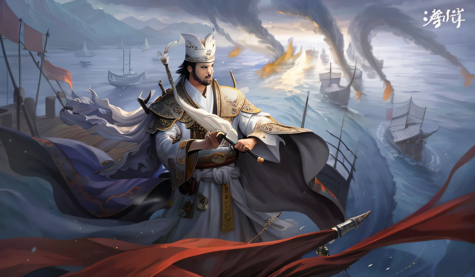 Image of Arafad of a man in a white robe sitting on a boat, by Yang J, Zhuge Liang, heise jinyao, Inspired by Huang Shen, bian lian, drak, Yang Qi, inspired by Wu Bin, inspired by Li Kan, Inspired by Hu Zaobin, queen of the sea mu yanling, xianxia hero