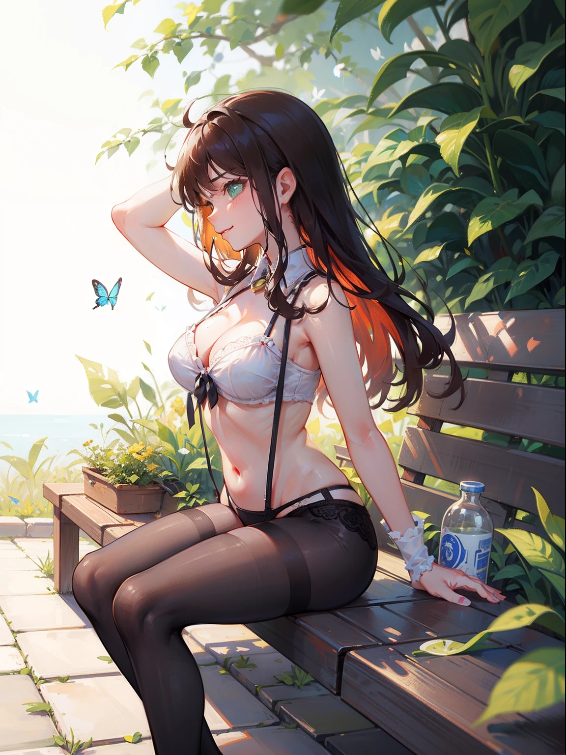 Masterpiece), Best quality, beautiful detailed hair detailed face, 超高分辨率, Sharp focus, ((1 woman, Solo)), perfect feminine face, , Medium close-up, (at Midday:1.5), (From the side Side), on the garden, ((sitting on a bench)), leafs, Butterflies, view the viewer, (Beautiful eye shape of the day, Green eyes)), chesnut brown hair, Messy long hair, A smile reveals the side areola，Excretion of breast milk，grouchy，Sit flat，Stretch your feet，Close-up of the foot，sperm，Spring，The shape of the female genital organs is clearly visible，climaxing，Lace panties with dissatisfied desire，Suspender stockings，cleavage，brassier，navel，Sexual suggestiveness，Loves，，lacepantyhose，Thin leg，Noodle figure，perspire，pantiess