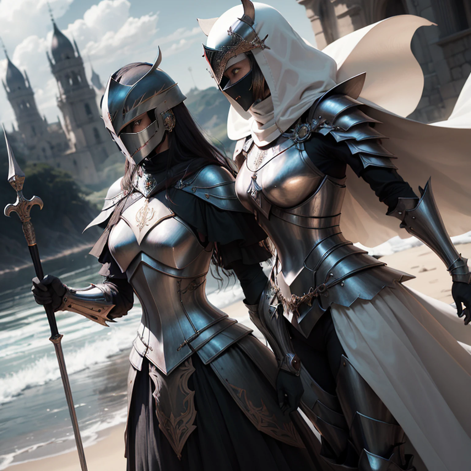 Mulheres como Joana D'Arc、Cavaleiros, Armadura dourada，armadura de ouro，Com uma espada e um escudo，Estilo Real，comiс style, , Espalhamento subsuperficial, detalhe ornamentado, Nature scenery, hyper-realistic, cinemactic, dramatic lighting, masutepiece、Armadura com motivo de lobo、orelhas de lobo、