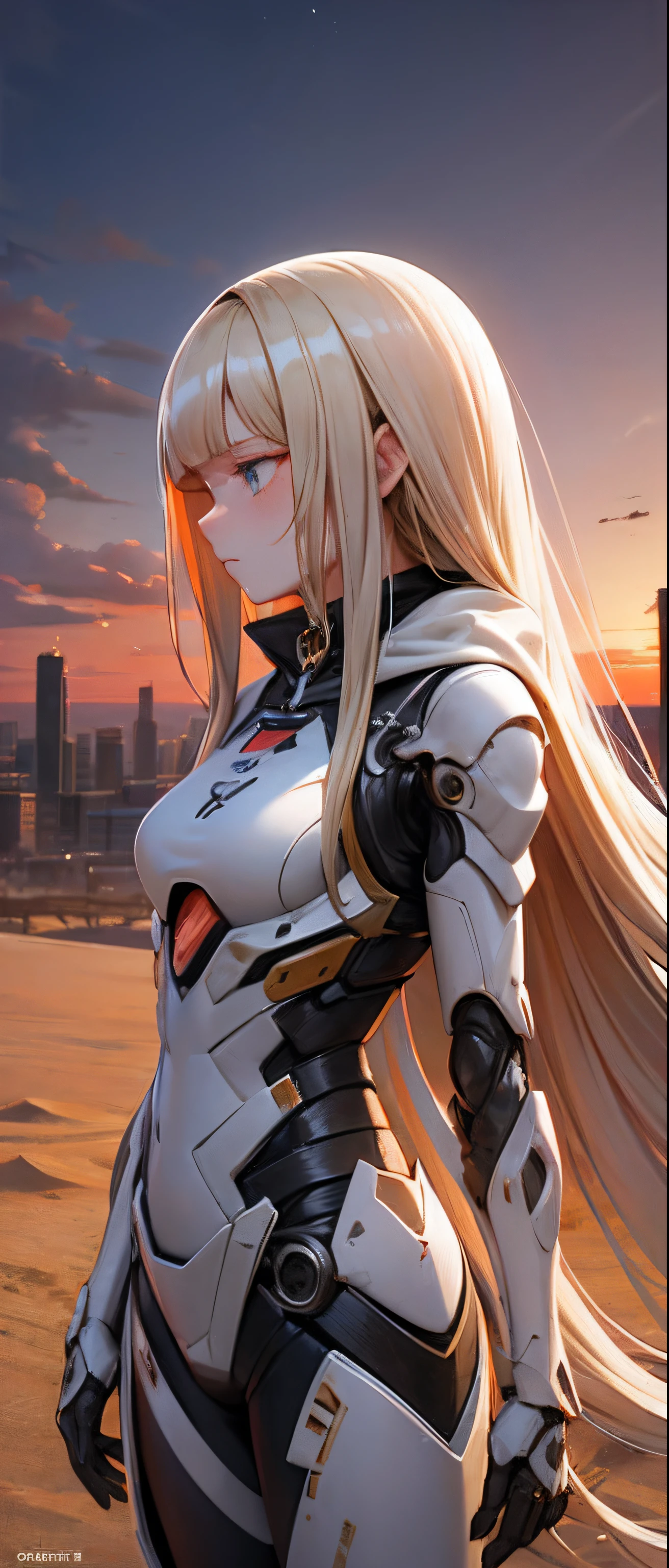 best quality,masterpiece,girl with a powered exoskeleton,extremely long hair,spreading hair,ivory hair,wet,1 girl,hair strand,Fair skin,blunt bangs,hoodie,looking away,ruined city,sand dancing,desert,(evening),sunset,(whole body),