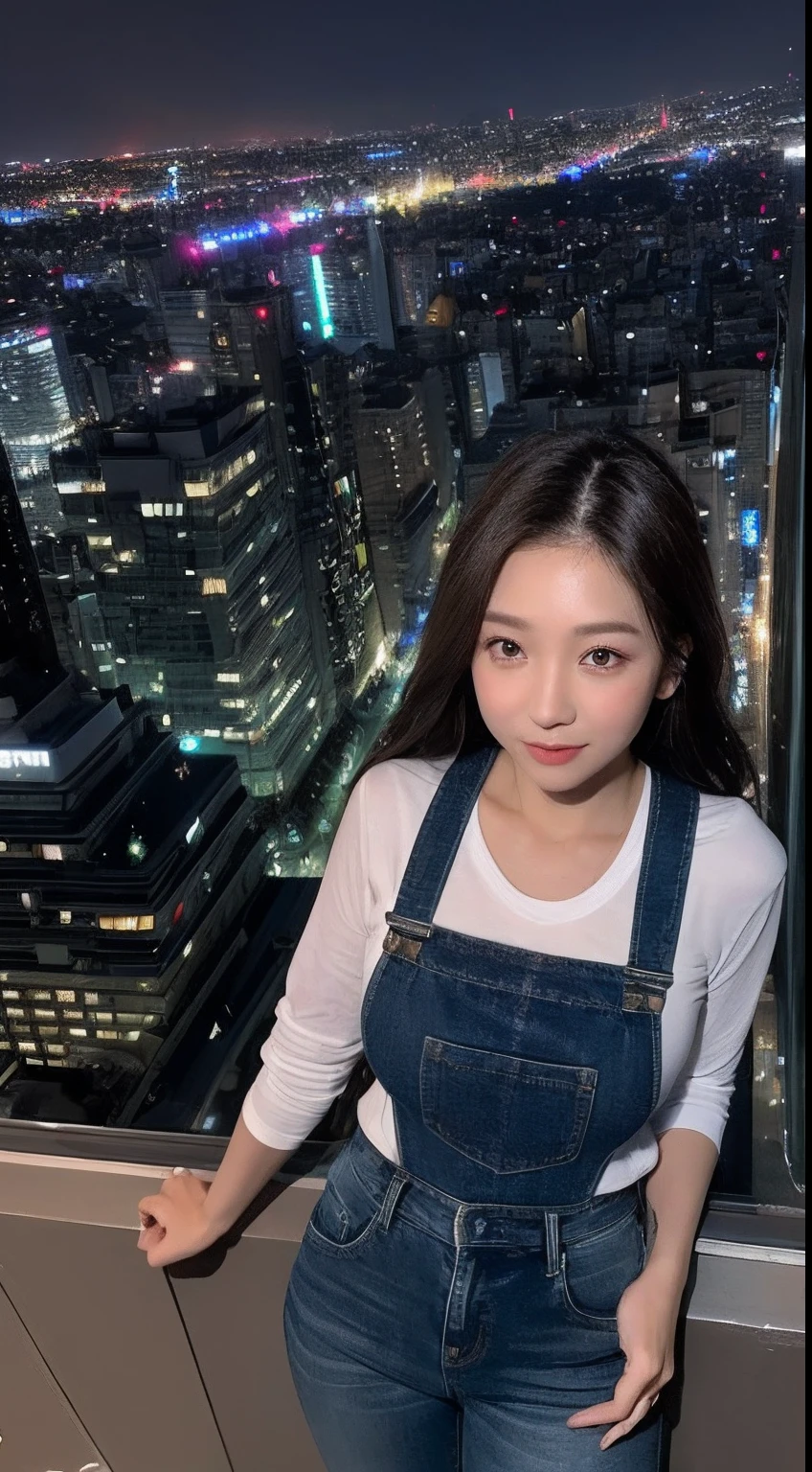 ((Midnight, Best quality, 8k, Masterpiece :1.3)), Whole body, Long legs, Sharp focus :1.2, A pretty woman with perfect figure :1.4, Slender abs :1.1, ((Dark brown hair, Big breasts :1.2)), (White tight tshirt, Jean bib, Standing:1.2), ((Night city view, Rooftop:1.3)), Highly detailed face and skin texture, Detailed eyes, Double eyelid