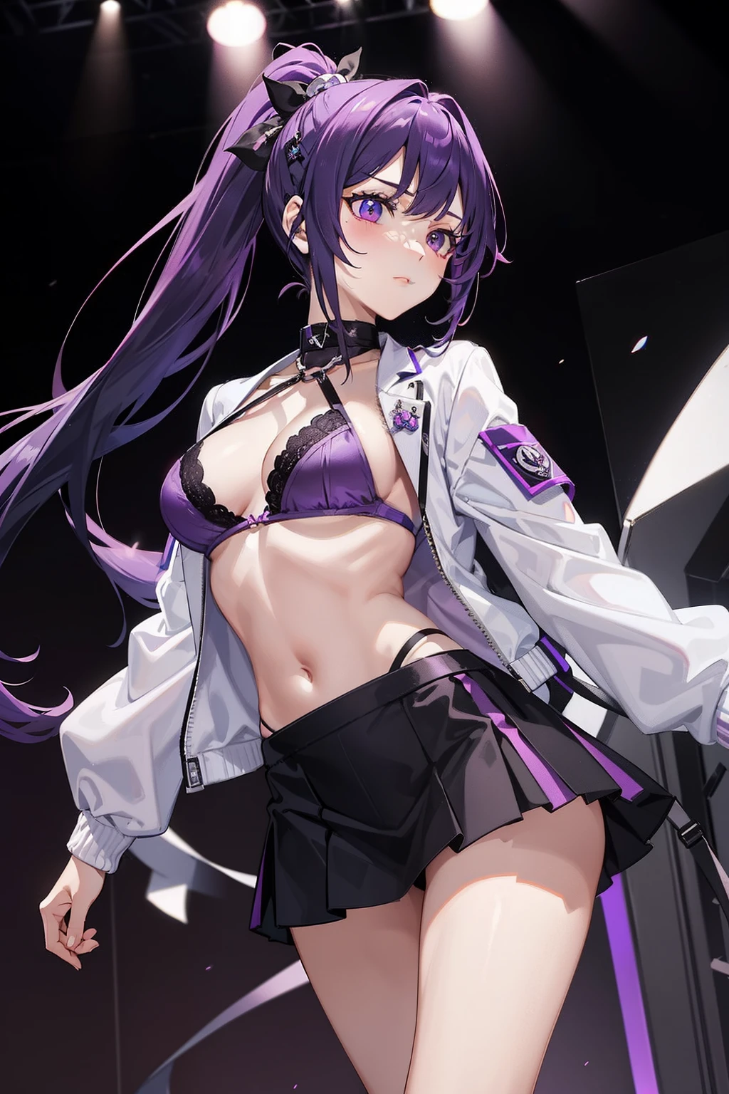 tmasterpiece,high qulity,a pregirl,Purple colored hair,The double ponytail hangs down to the sides,Purple bra,B cup,The white jacket opens to the sides,black micro skirt,Long legs,White sneakers,In his right hand he held a machine gun on the ground,Extend your left hand forward,On stage