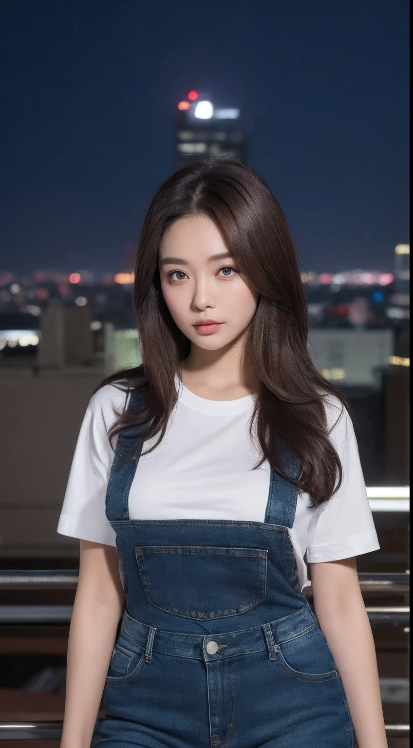 ((Midnight, Best quality, 8k, Masterpiece :1.3)), Whole body, Long legs, Sharp focus :1.2, A pretty woman with perfect figure :1.4, Slender abs :1.1, ((Dark brown hair, Big breasts :1.2)), (White tight tshirt, Jean bib, Standing:1.2), ((Night city view, Rooftop:1.3)), Highly detailed face and skin texture, Detailed eyes, Double eyelid