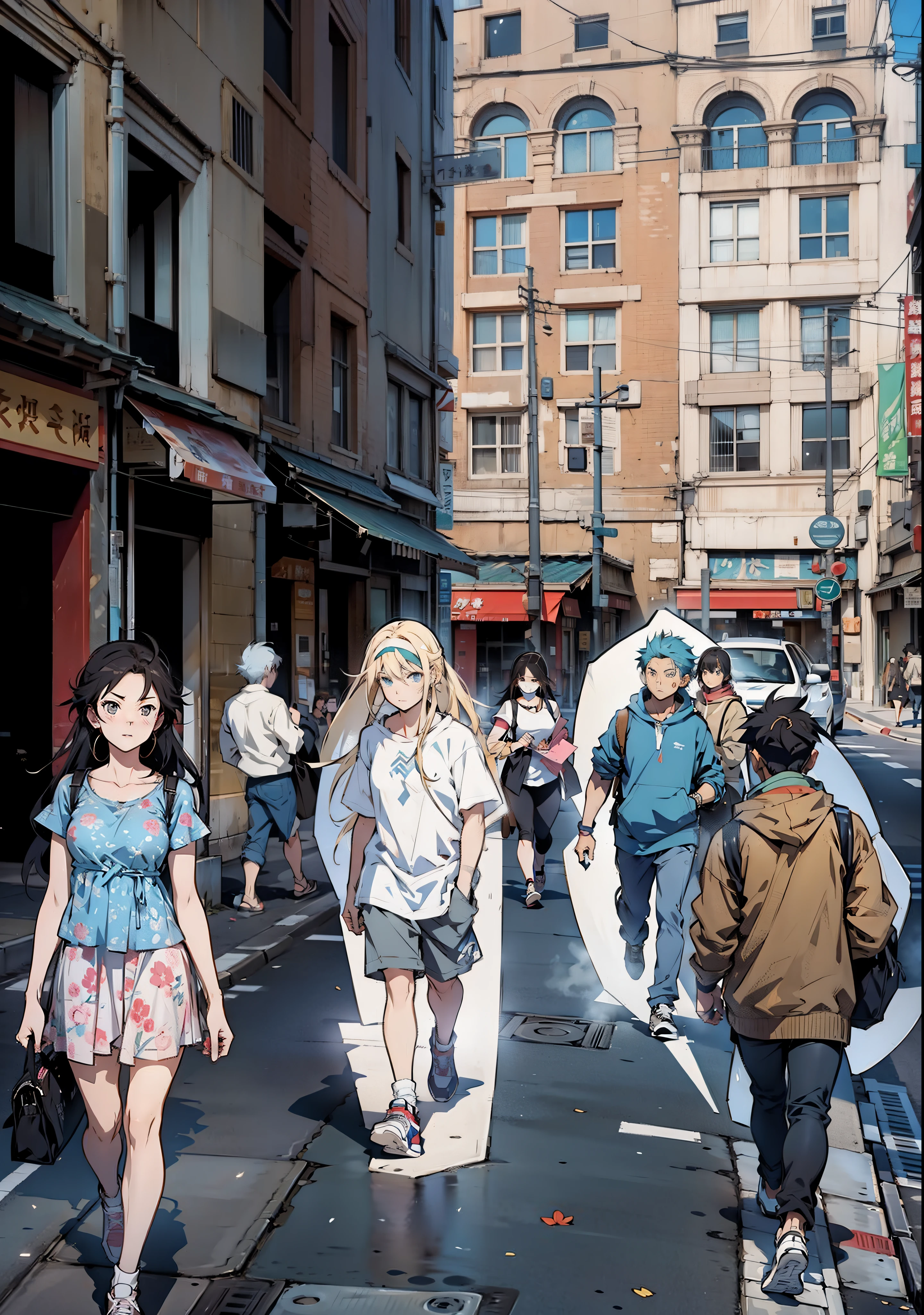 Generate an anime-style art image of people walking on a sidewalk and a bustling urban city