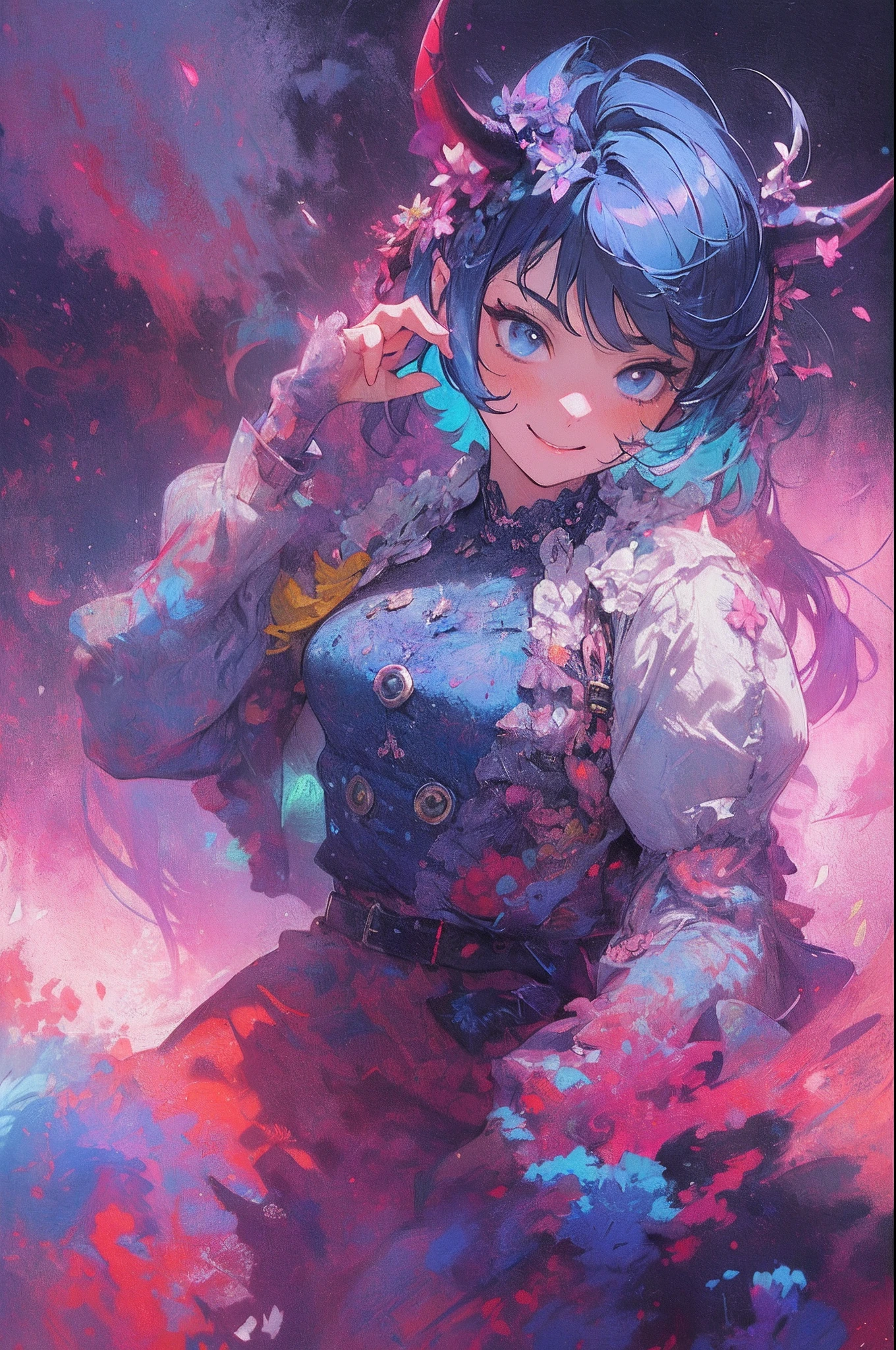 ((Flower dress),((Demon Horns))，Ghost people，innocent smiles，(1 girl, Solo:1.6),(Cute smile),(Clothes are simple), (Best Impact:1.5), (maximalism:1.7), Vivid contrast, (Realistic), hyperrealistic illustrations, hight resolution, ultra-detailliert, absurderes,(Fractal Art:1.3)、Random hairstyle、Random hair color colorful、FULL BODYSHOT、Retro、Precise focus、randome pose、cinema4d、Drama