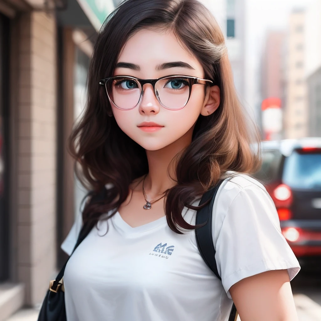 Teenage girl with glasses white shirt
Big