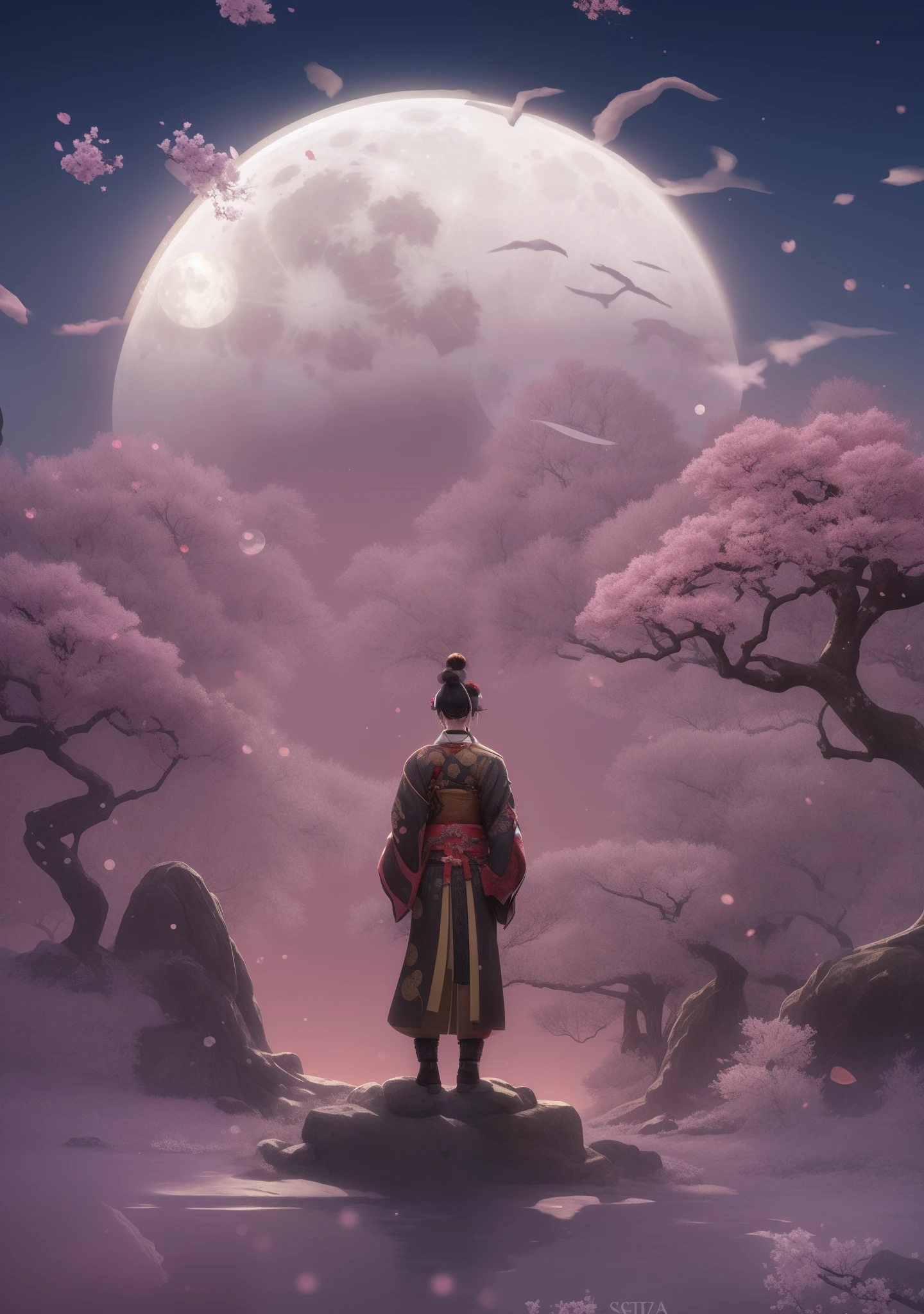 a sexy female samurai standing on a hill with a full moon in the background, sakura trees
