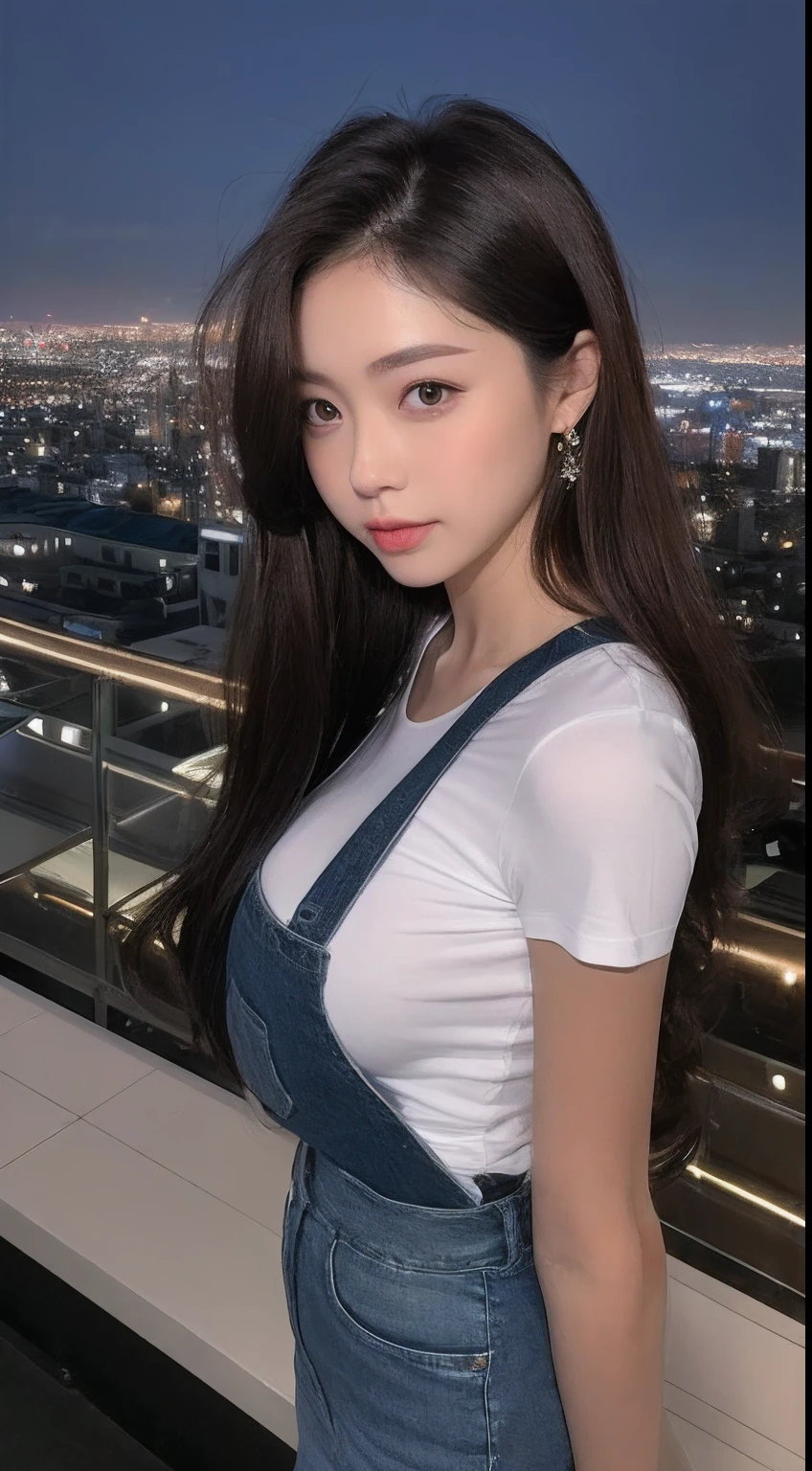 ((Midnight, Highest quality, 8K, masterpiece :1.3)), whole body, Long legs, Clear focus :1.2, Beautiful woman with perfect body :1.4, Slim Abs :1.1, ((Dark brown hair, 巨Large Breasts :1.2)), (Red tube top and tight T-shirt, Overalls Jeans,Balenciaga Socks， Persistence:1.2), ((City night view, roof:1.3)), Highly detailed face and skin texture, Delicate eyes, double eyelid，Large Breasts，See her exposed breasts，Please touch my chest with your hands。