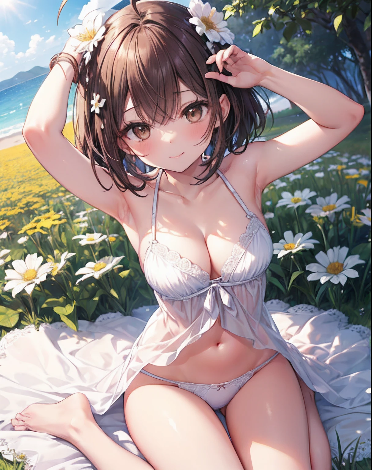 1girll, Solo, ((Masterpiece)), ((Best quality)), ahoge, white sundress, flower field, Sunny, Summer, dress, Sunlight, Cool clothes, Brown hair, Brown eyes, Smile, Lace panties from above,Harnes,cleavage,brassier,navel,Sexual suggestiveness,Loves,,White panty hose,Thin leg,Noodle figure,perspire,pantiess,Excretion of breast milk,grouchy,Sit flat,Stretch your feet,Close-up of the foot,sperm,Spring,The shape of the female genital organs is clearly visible,climaxing,Desire for dissatisfaction