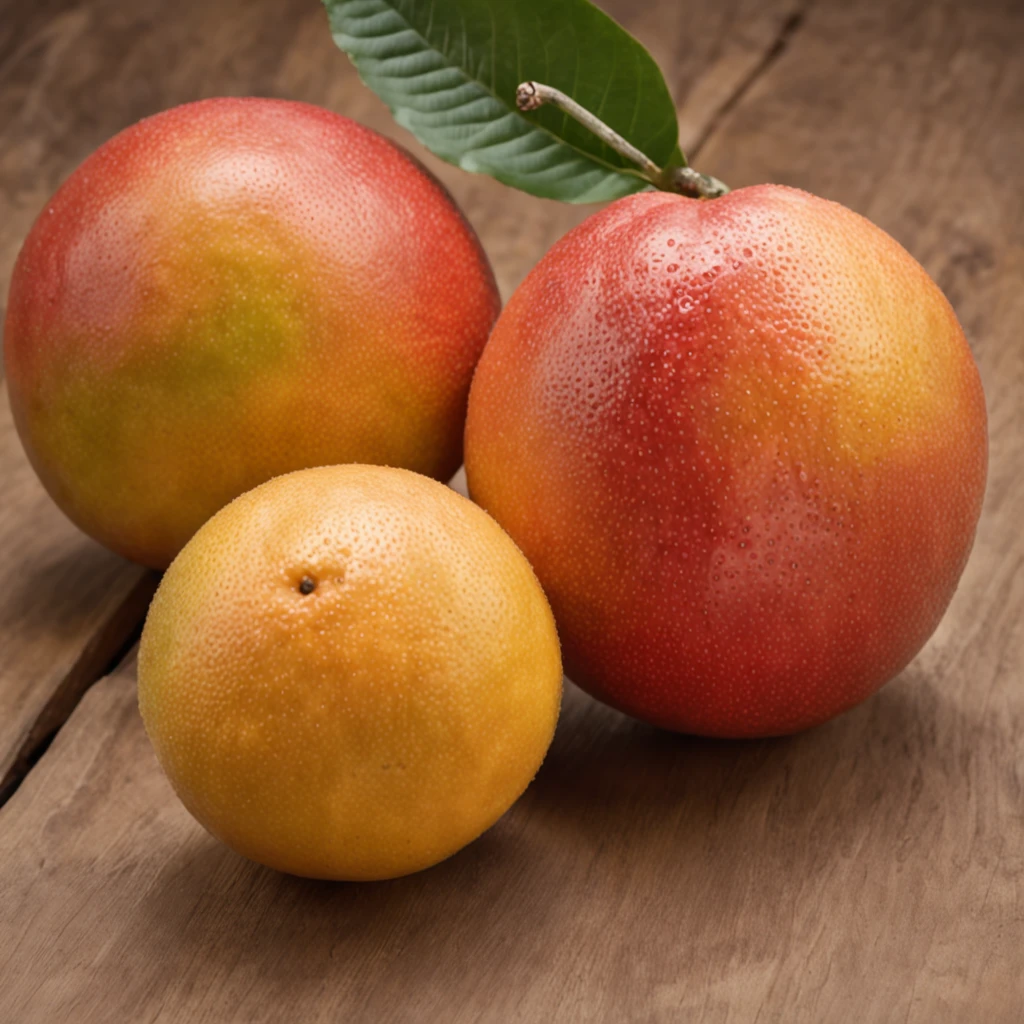 Some mangoes on a wooden table, There are cut grapefruits, tropical fruit, some red and yellow, closeup cleavage!!, professional fruit photography, grapefruit, mangoes,Dark orange, red and yellow, morning detail, close - ip shot, author：Masao Maeda, author：Georgina Hunt, Red and yellow, version 3, Clear detail, Photo style!