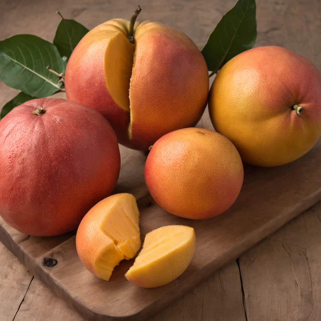 Some mangoes on a wooden table, There are cut grapefruits, tropical fruit, some red and yellow, closeup cleavage!!, professional fruit photography, grapefruit, mangoes,Dark orange, red and yellow, morning detail, close - ip shot, author:Masao Maeda, author:Georgina Hunt, Red and yellow, version 3, Clear detail, Photo style!