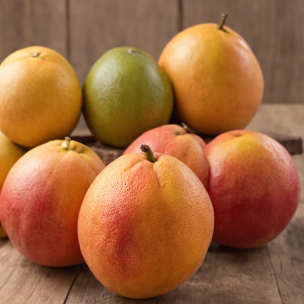 Some mangoes on a wooden table, There are cut grapefruits, tropical fruit, some red and yellow, closeup cleavage!!, professional fruit photography, grapefruit, mangoes,Dark orange, red and yellow, morning detail, close - ip shot, author:Masao Maeda, author:Georgina Hunt, Red and yellow, version 3, Clear detail, Photo style!