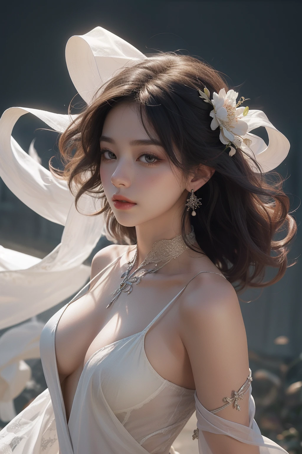 nsfw, zhongfenghua, 1girl, solo, hanfu, ancient_chinese_architecture, flower field, blossom, (white smoke:1.3) (photorealistic:1.4), zentangle, mandala, entangle, official art, unity 8k wallpaper, ultra detailed, beautiful and aesthetic, masterpiece,best quality, (dynamic angle:1.4), glowing skin, (floating colorful sparkles:1) the most beautiful form of chaos, elegant, a brutalist designed, vivid colours, romanticism depth of field exotic_dance, half_naked