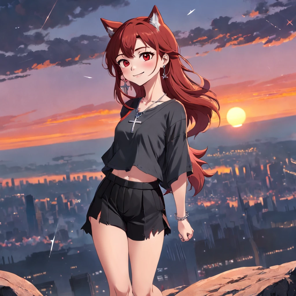 girl Wolf tail mullet head medium brown hair Red hair tail earrings Dark gray pupils Black ripped top Culottes Silver cross necklace Lively and smiling sunset background Lollipop