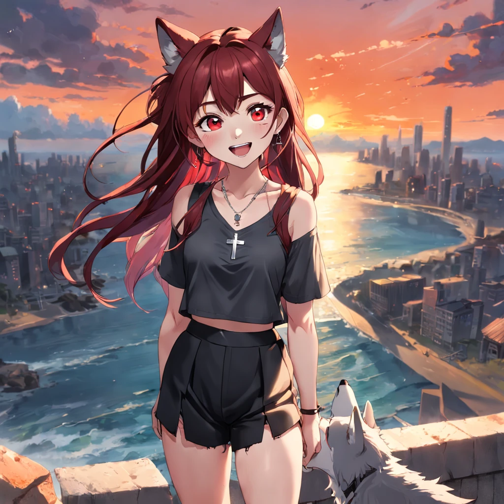 girl Wolf tail mullet head medium brown hair Red hair tail earrings Dark gray pupils Black ripped top Culottes Silver cross necklace Lively and smiling sunset background Lollipop