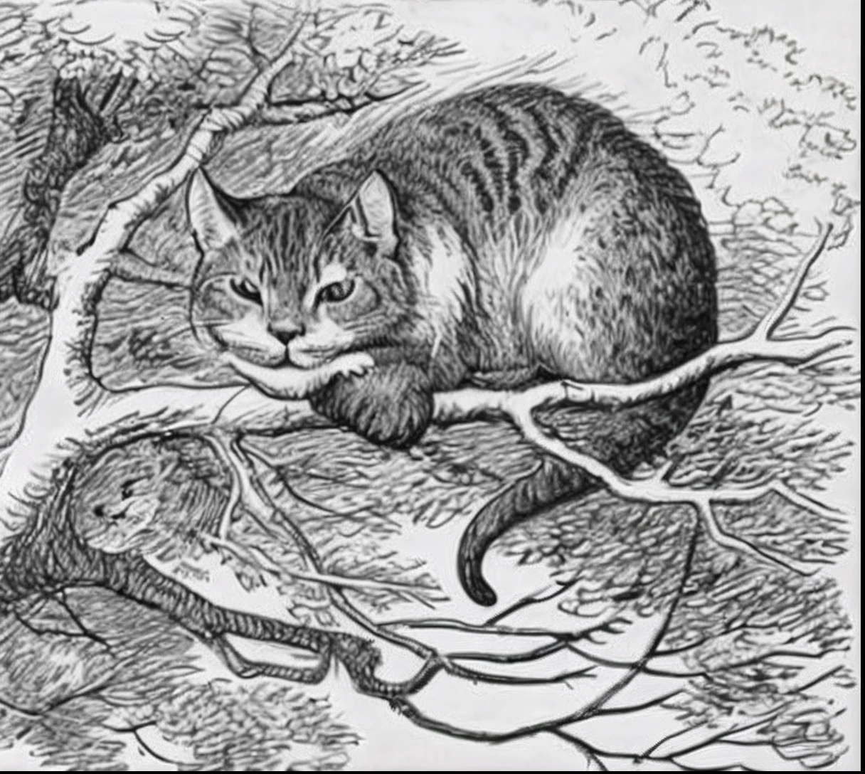 a drawing of a cat sitting on a branch of a tree, O Gato de Cheshire, Directed by: Sir John Tenniel, gato de cheshire, john tenniel, Directed by: Richard Doyle, inspirado por Sir John Tenniel, Cheshire Cat Death Tarot Carta, cheshire cat drinking tea, Directed by: Edward Lear, illustration of a cat, Louis William Wain, anthropomorphic cat, Directed by: Edward Baird