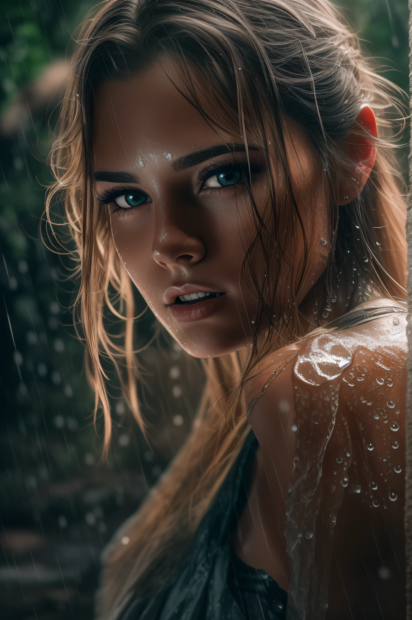 A full body of a highly realistic panoramic sunlight image of Tarzan swimming in the water.0 The red-haired Jane looks on anxiously with a spear in her hand to come to the rescue., Both are half-naked and dressed in a short loincloth of a primeval man. She is also wearing a narrow, loose animal skin bra. Both standing dripping with water in the crashing waters of a very high waterfall half surrounded by big jungle trees in 70000000 BC, HD photography, ultra-realistic, King Tut, 4k, hyperrealistic, sharp texture, color. Her face with glistening water droplets is illuminated by the sun. She stands upright in the running water of the river, a perfect face model, Arabella mist-splitter, perfect face), beautiful lips stylish, beautiful female face, attractive female face!!!, beautiful feminine face, beautiful makeup, perfect face! All wet on a rainy night, scared look, eerie, creepy, dark ambient, cinematic lights, ultra sharp focus, bird's eye view, high view, looking at the camera, raindrops.
