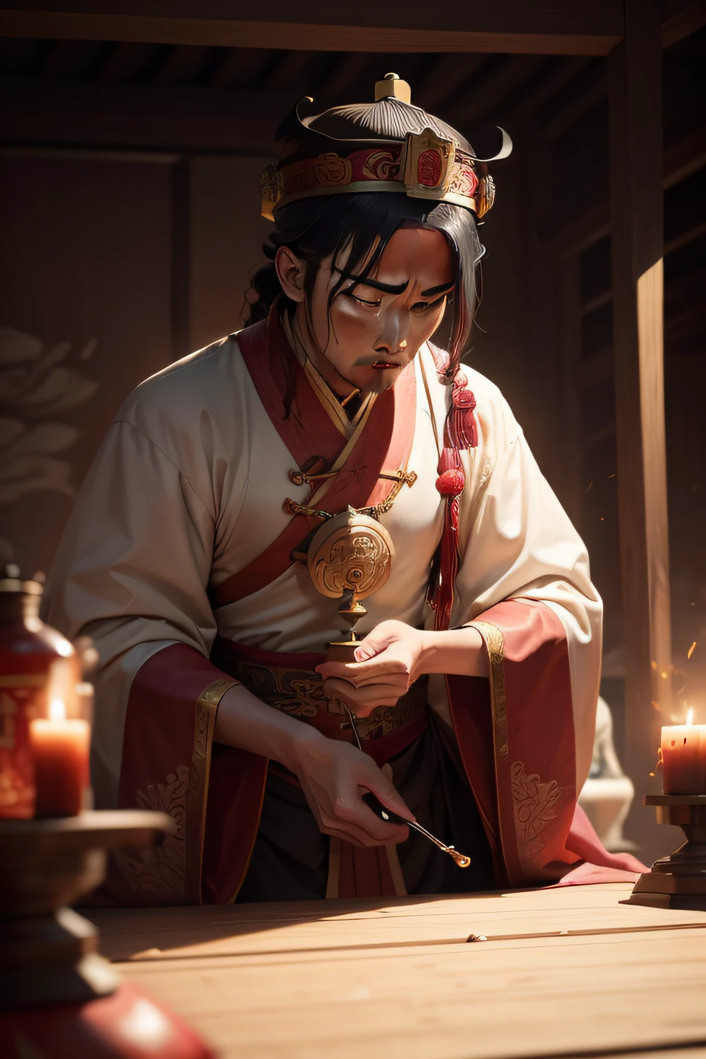 Illustrate a moment of tragedy as a chinese emperor succumbs to the toxic effects of a failed elixir