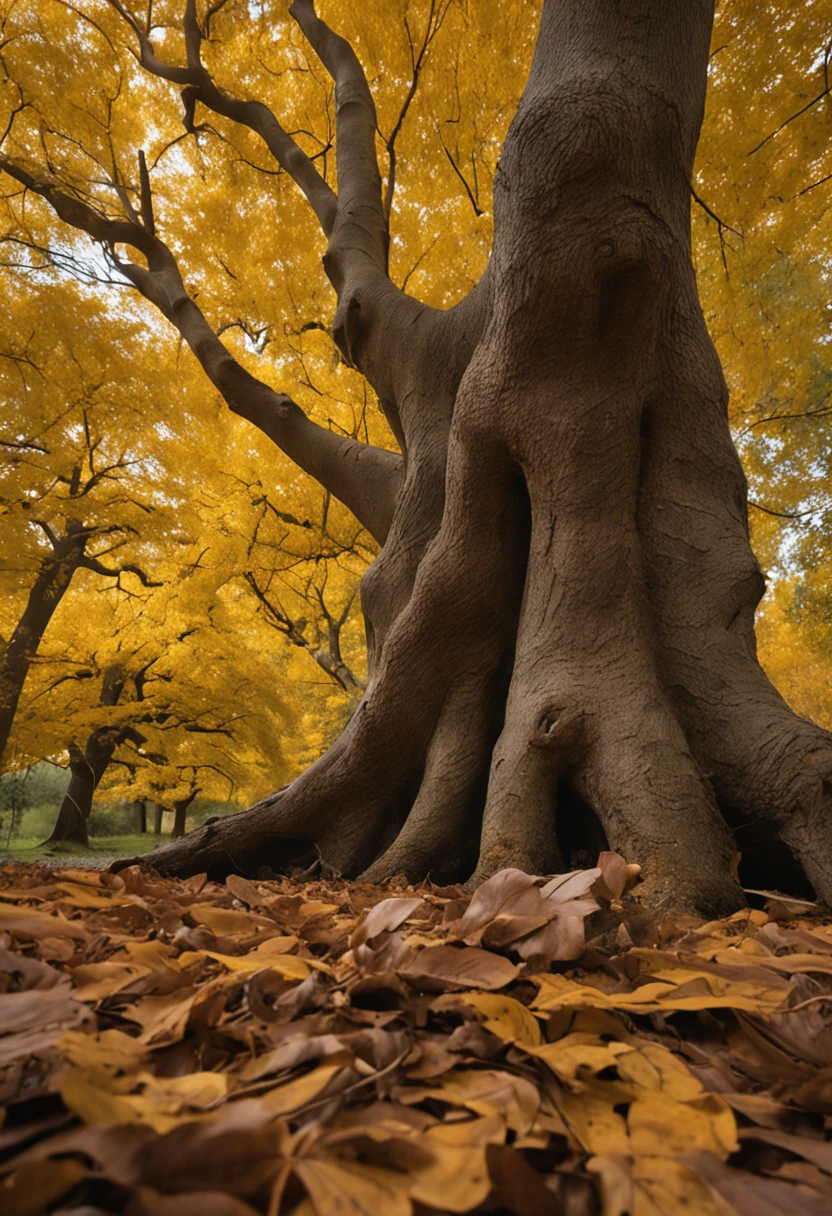 image of a chestnut tree with a thick trunk and bright yellow and orange leaves. Curious chestnut tree roots stretch across the ground, almost like little fingers exploring.