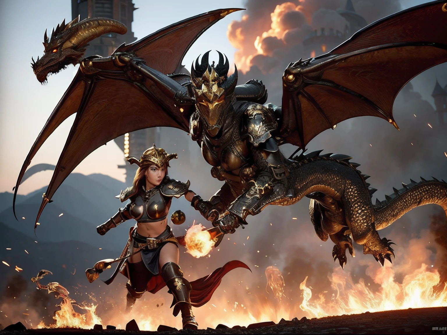 Professional , masterpiece、top-quality、photos realistic , depth of fields 、(Dragon Black Metal Body:1.9),(Mattretto、(cleavage of the breast)、Dragon Gold Weapon、(Micro Bikini Armor:1.4),Gorgeous gold weapons ,Particles of light、Particles of light、(( Dragon's dense and gorgeous sword)) , (demonic wings)、((a blond))、(Castle background)、Fight dragons、((Gangle's forest background))、Take intense poses、Beautiful Caucasian beauty、1a person、dynamic ungle,(((Detailed and ornate dragon helmet)))、Smaller head、A smile、Castle background、Thin and beautiful female hands、cleavage of the breast、Soldier in iron armor on background、Mystical expression、Light Effects、intense fighting、Wind-effect、magic circles、With the legendary magic wand、Dragon's tail、explosions、