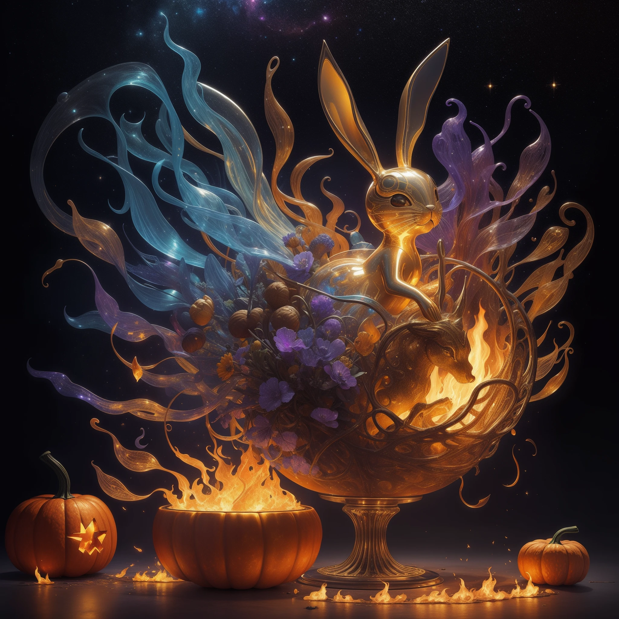 Iridescent, bunny made of honey playing with pumpkin, stars, comets, galaxies, textured, intricate, ornate, shadowed, pale muted colors, 3d, highly detailed, deco style, by tim burton, by dale chihuly, by hsiao-ron cheng, by cyril rolando, by h. r. giger $plastic$ grid:true lenoid afremov style, african art, wet, fire